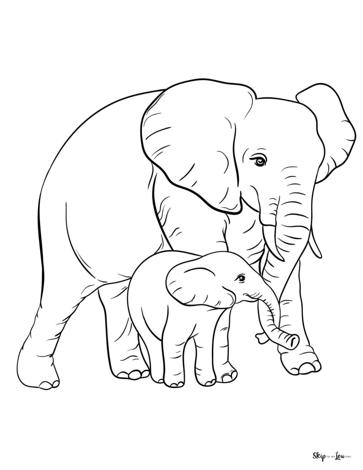 realistic mother and baby elephants coloring page