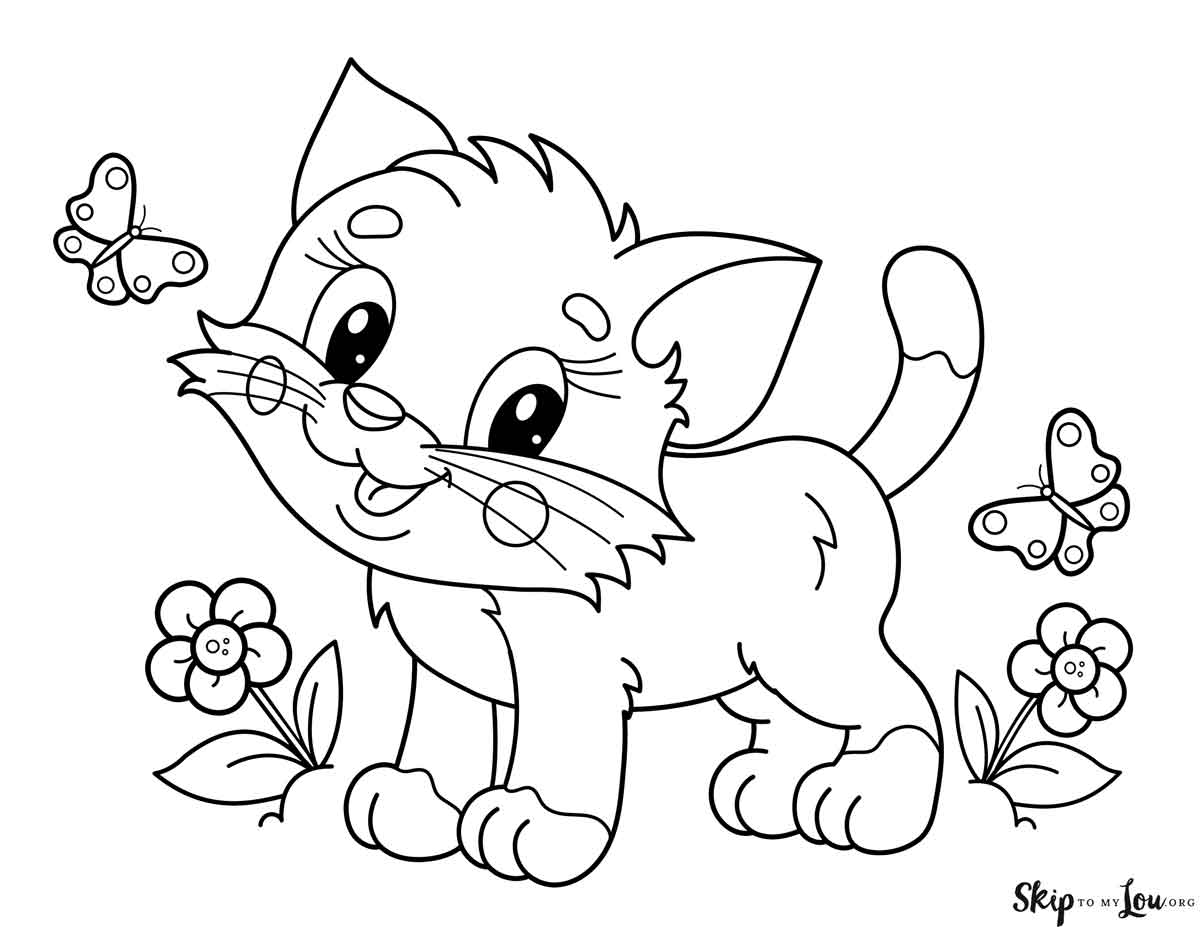 cute kiten with flowers and butterflies