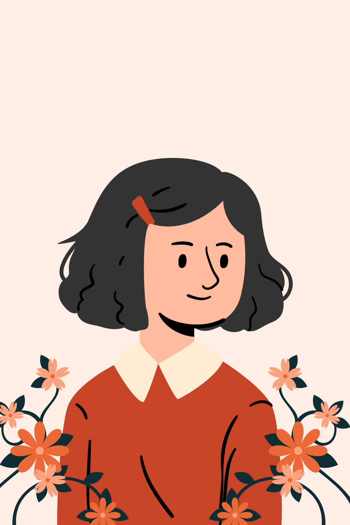 Image shows a drawing of Anne Frank with beautiful flowers next to her.