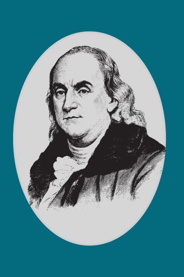 Image shows a picture of America's Founding Father Benjamin Franklin in black and white, in front of a dark green background. By Skip to my Lou.