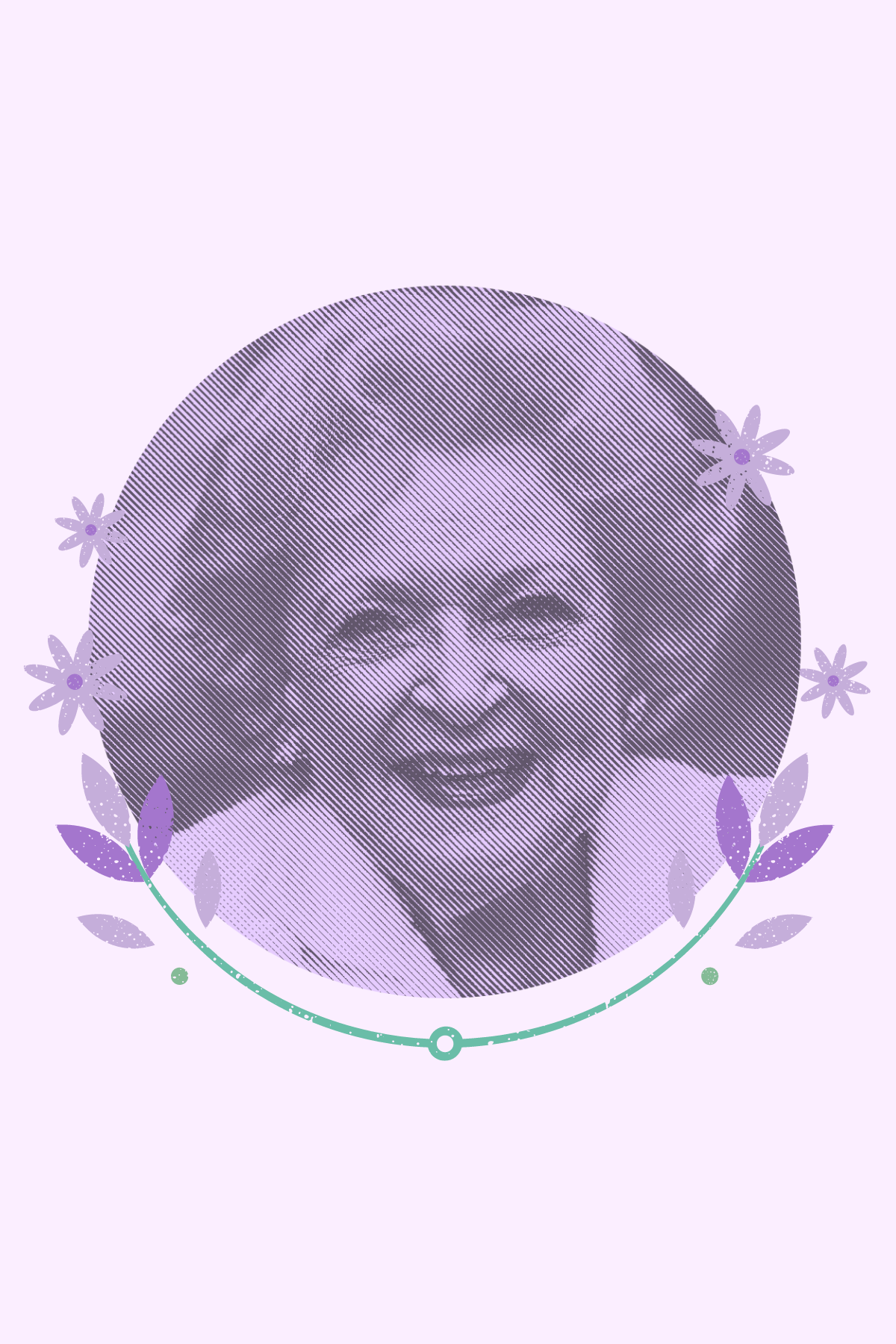 Image shows a photo of Betty White over a purple background with flower decorations.