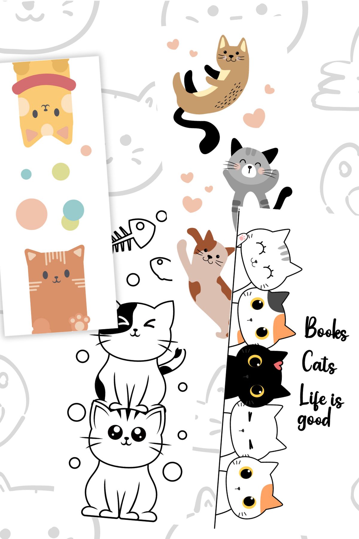 Four cartoon cat bookmarks featuring dancing cats surrounded by hearts, black and white cats dreaming of eating fish and fours cats sitting side by side with wide eyes, by Skip to my Lou.