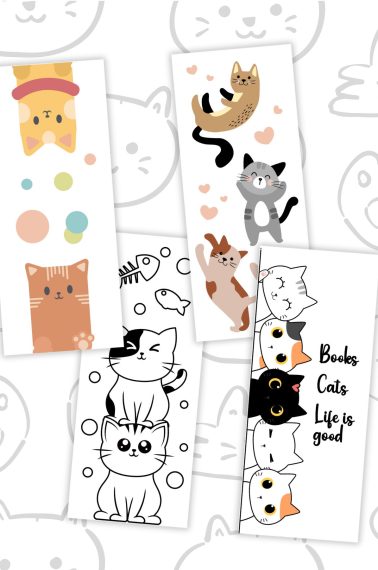Image shows 4 printable cat bookmarks with different designs featuring cats.