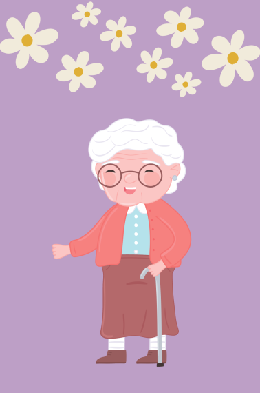 Image shows a drawing of a sweet grandma with flower decorations around over a purple background.