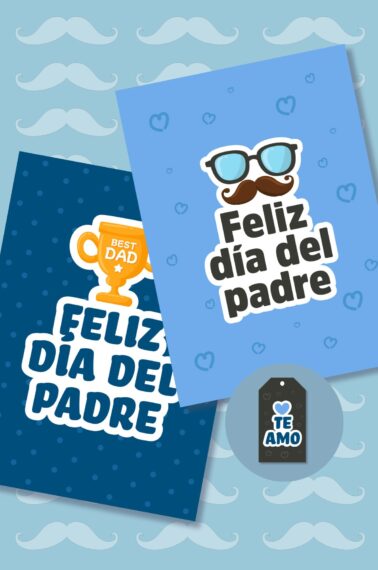 Two printable Happy father's day cards in Spanish next to each other with a printable gift tag below.