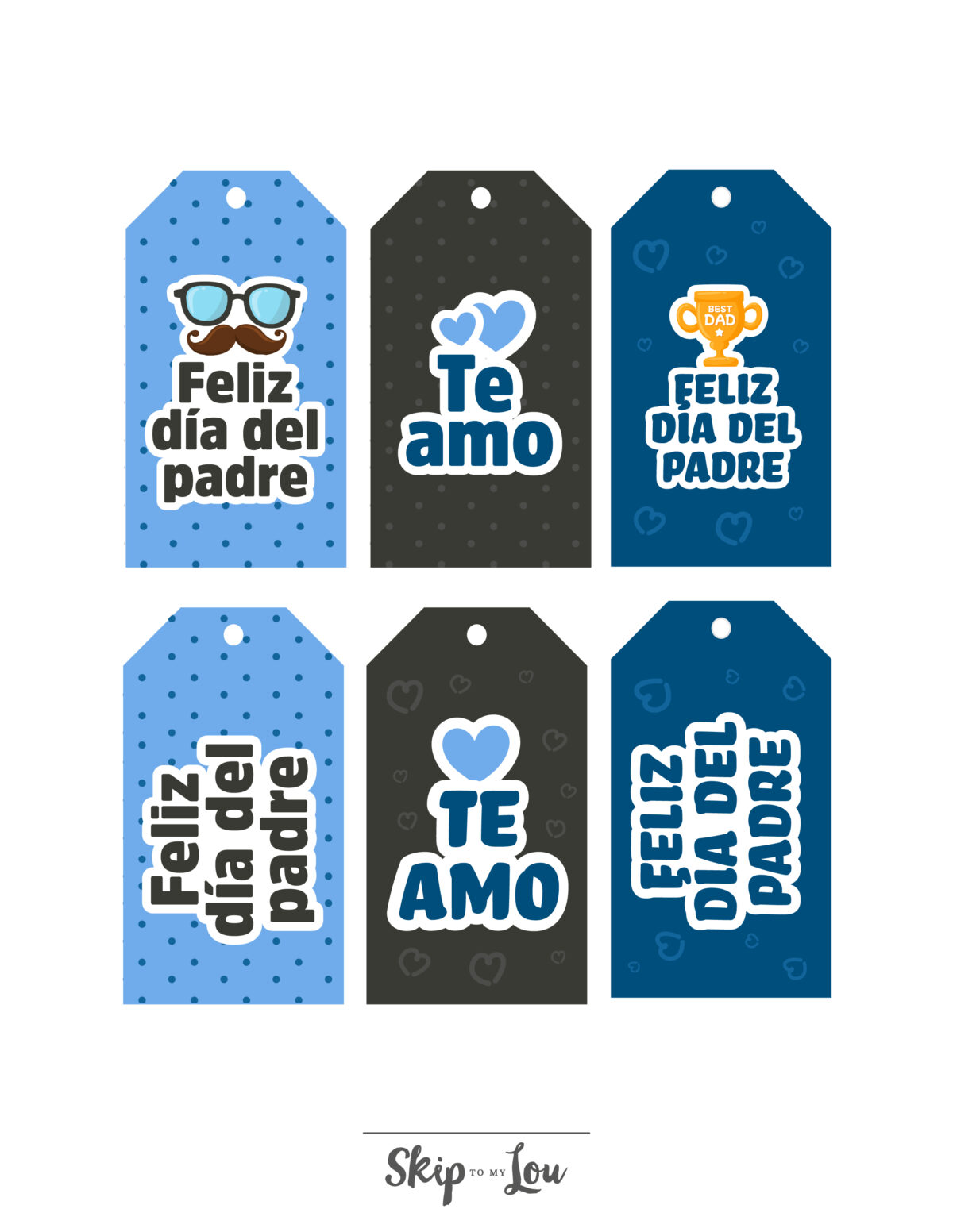 Printable Happy father's day in Spanish tags in different shades of blue.