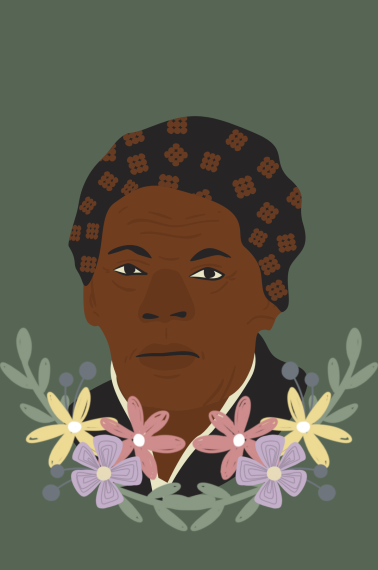 Image shows a picture of Harriet Tubman with flower decoration around her, on top of a green background.