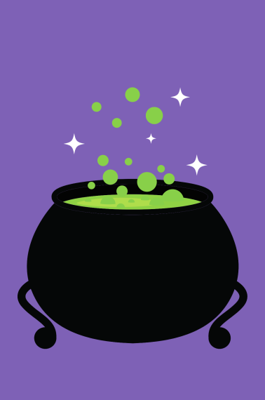image shows the drawing of a cauldron with a green liquid inside.