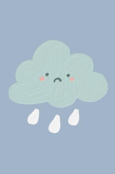 Image shows the drawing of a cloud looking sad with rain/tears falling down.
