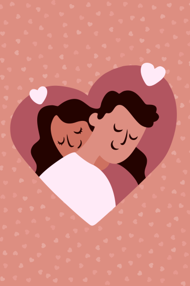 Drawing of a couple hugging and smiling next to each other. There is a heart surrounding them and the background has small hearts. From Skip to my Lou