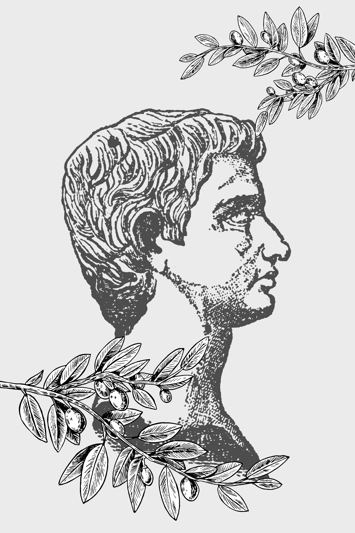Image shows a drawing of Marcus Aurelius with olive leaves decoration.