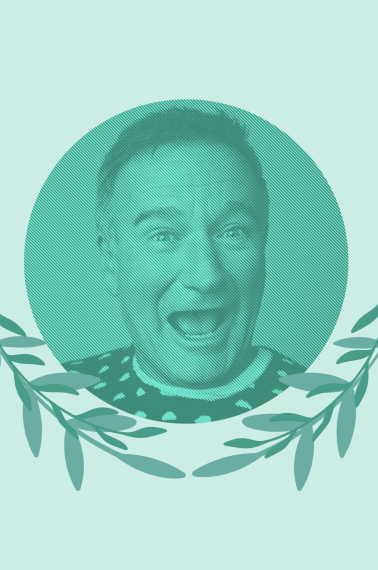 Image shows a photo of actor and comedian Robin Williams in green hues with olive leaves decoration.
