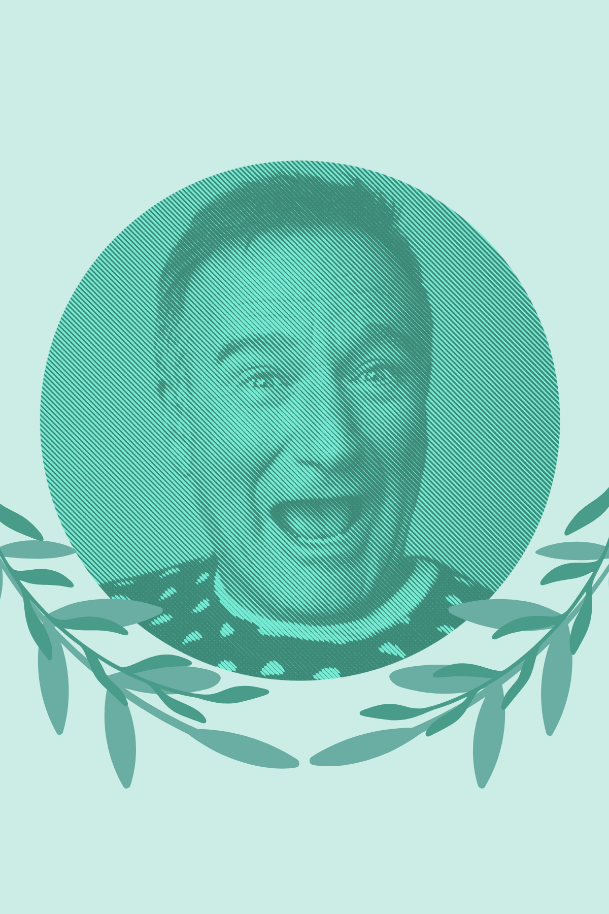 Image shows a photo of actor and comedian Robin Williams in green hues with olive leaves decoration.