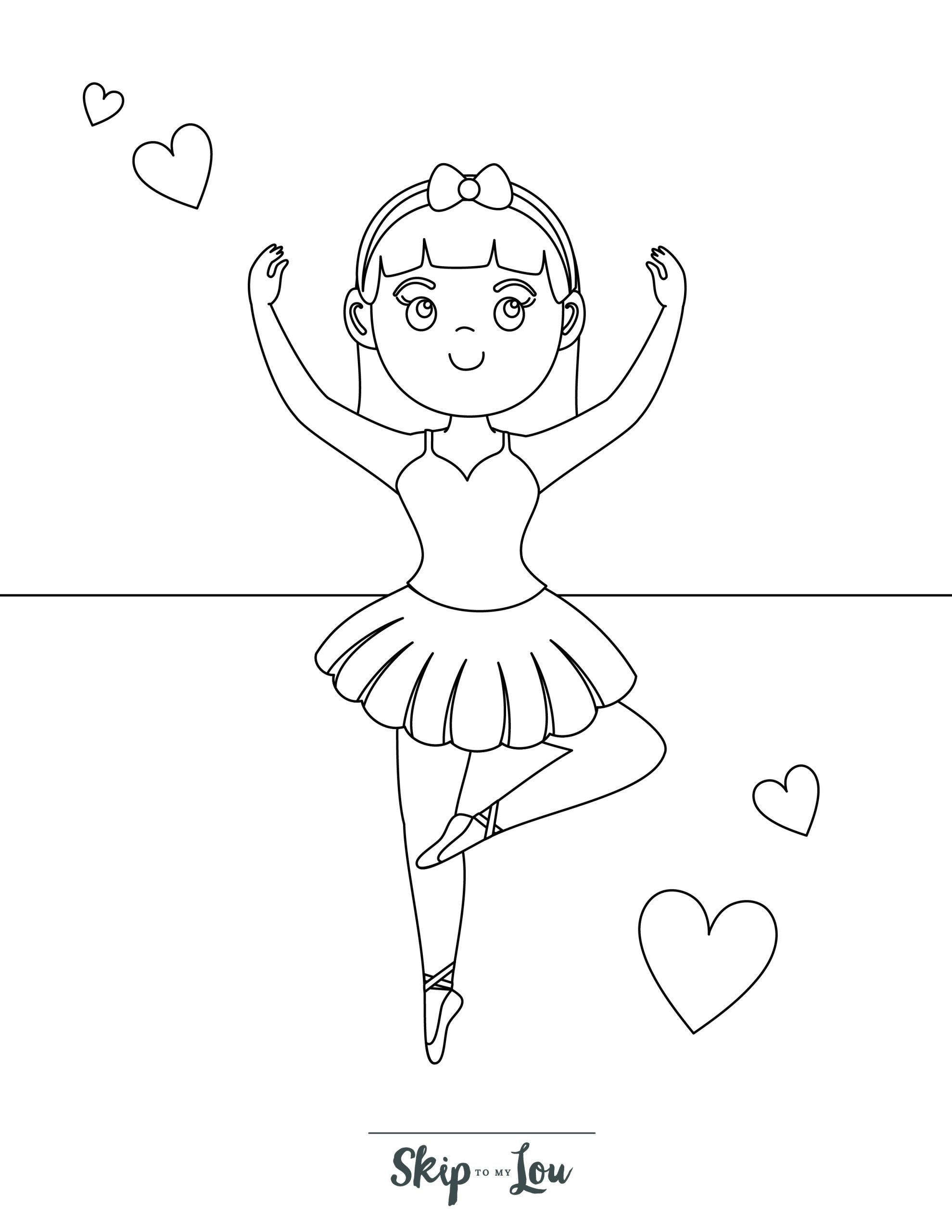 Ballerina Coloring Page 2 - Line drawing of ballerina surrounded by hearts