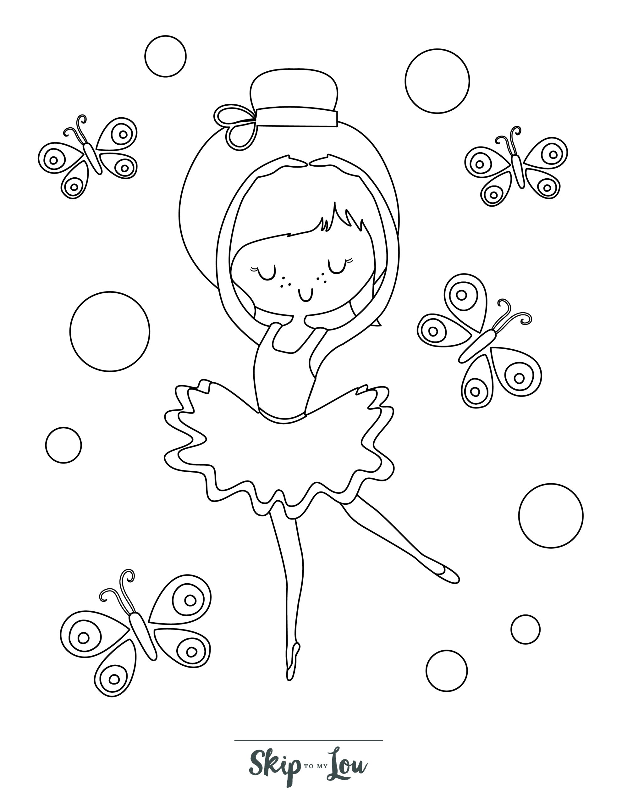Ballerina Coloring Page 3 - Line drawing of ballerina surrounded by butterflies