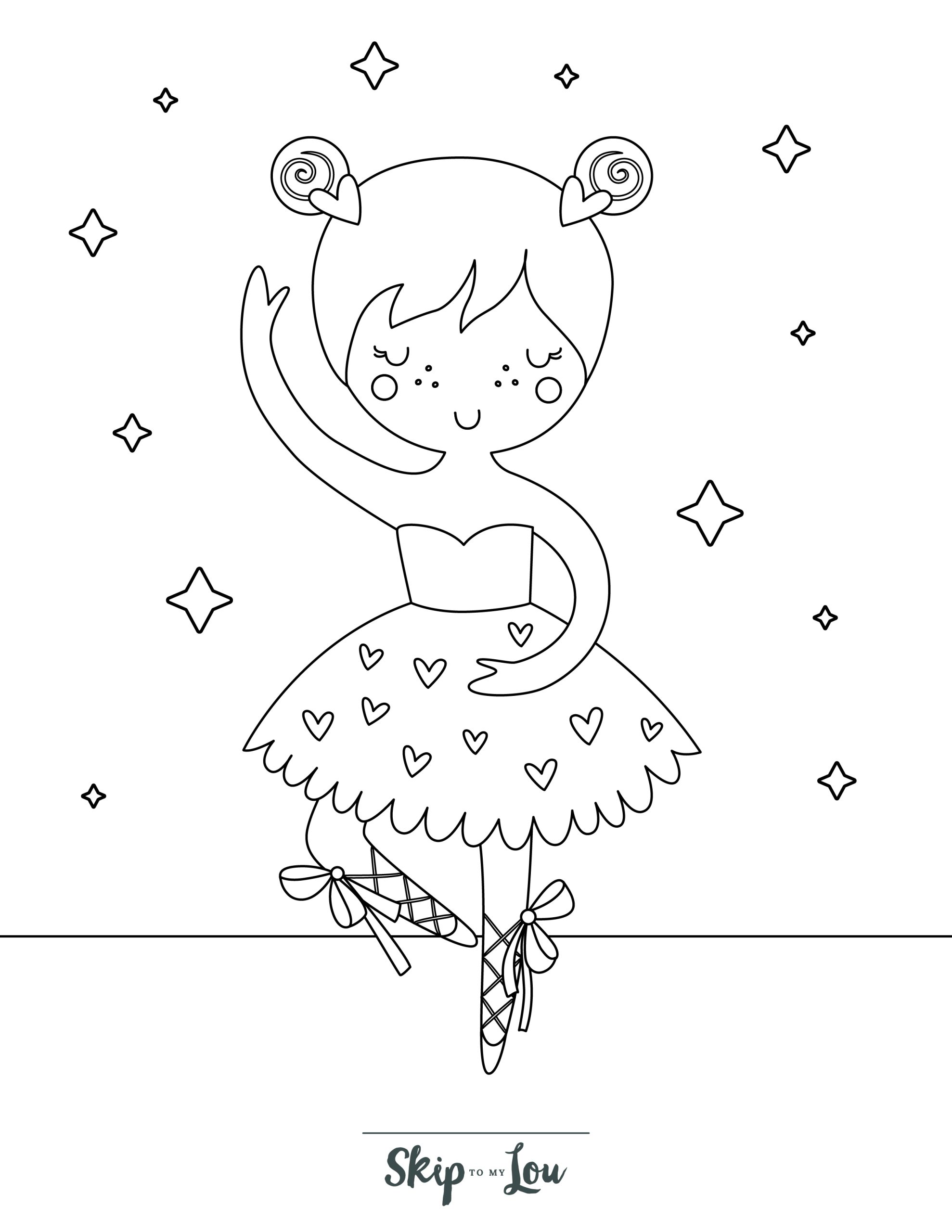 Ballerina Coloring Page 4 - Line drawing of calm ballerina with eyes closed