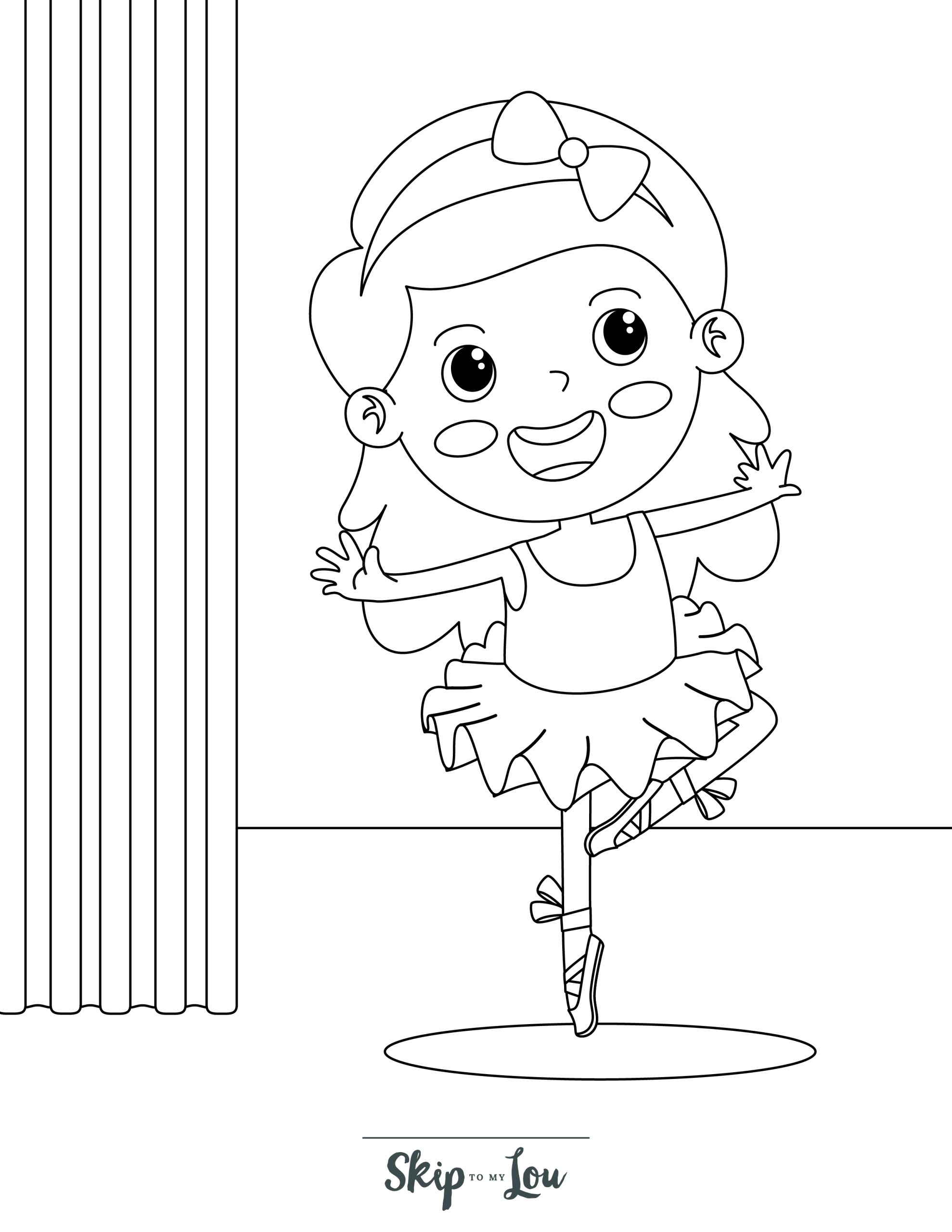 Ballerina Coloring Page 5 - Line drawing of happy ballerina with big smile