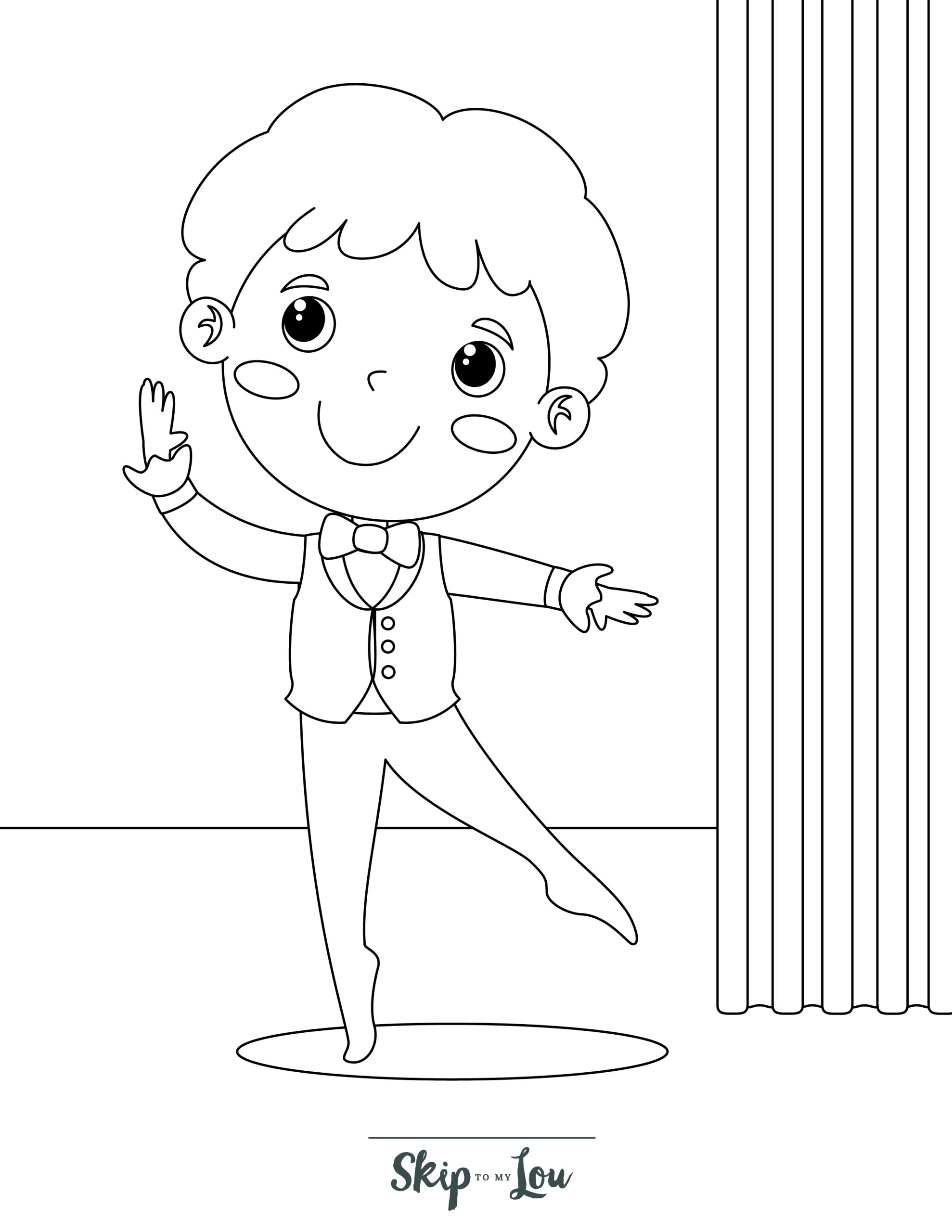 Ballerina Coloring Page 6 - Line drawing of boy ballerina with big smile