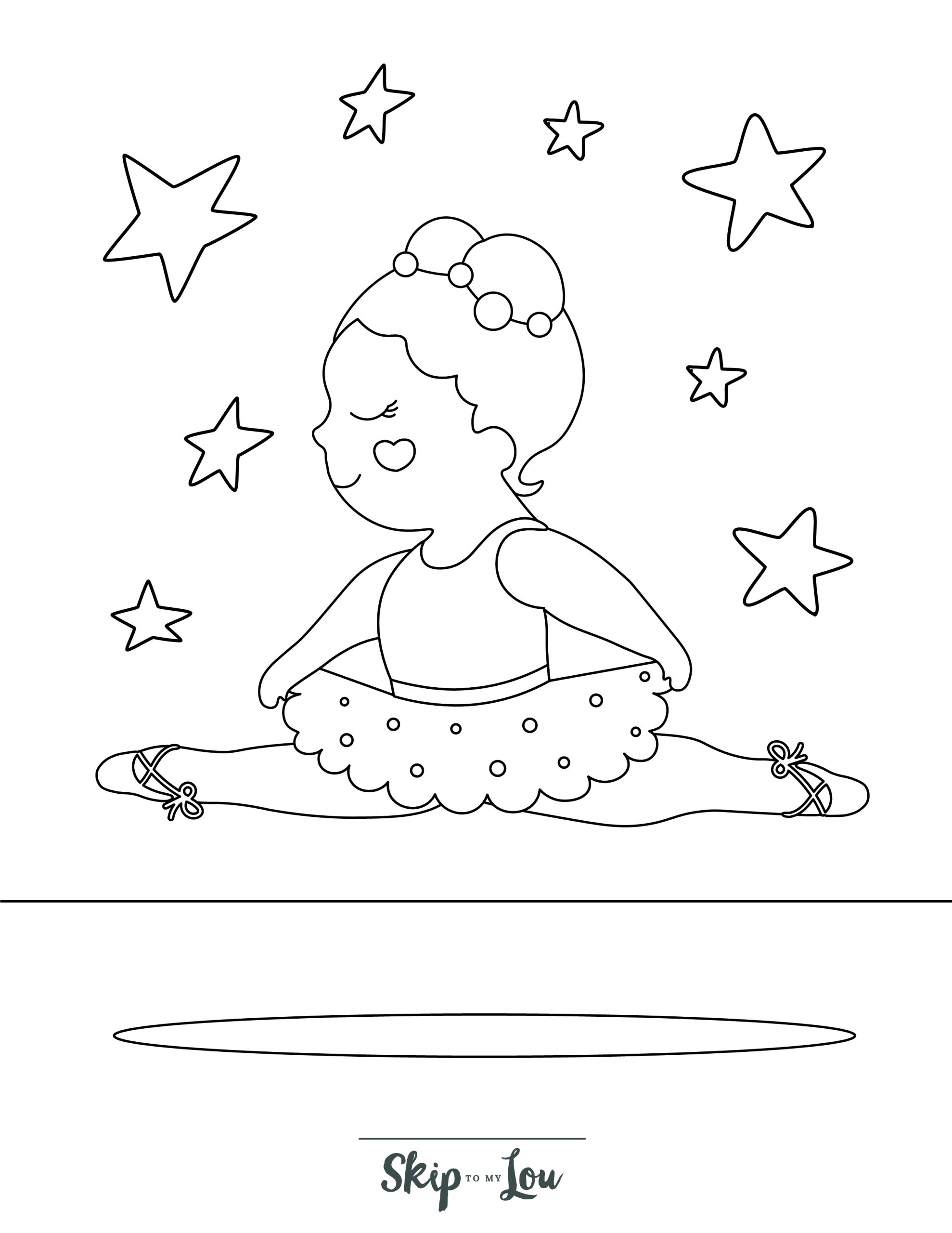Ballerina Coloring Page 7 - Line drawing of jumping ballerina with stars in background