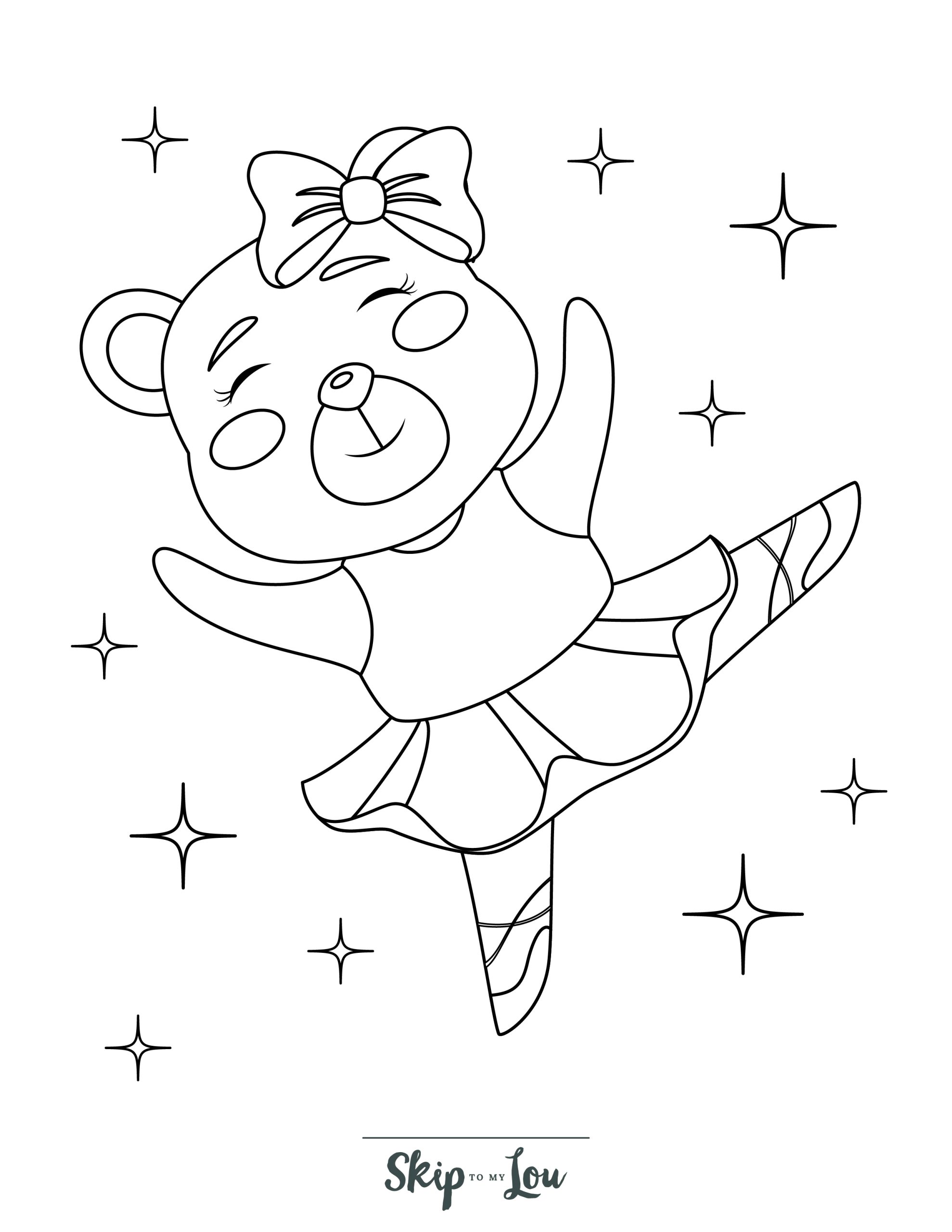 Ballerina Coloring Page 8 - Line drawing of teddy-bear ballerina