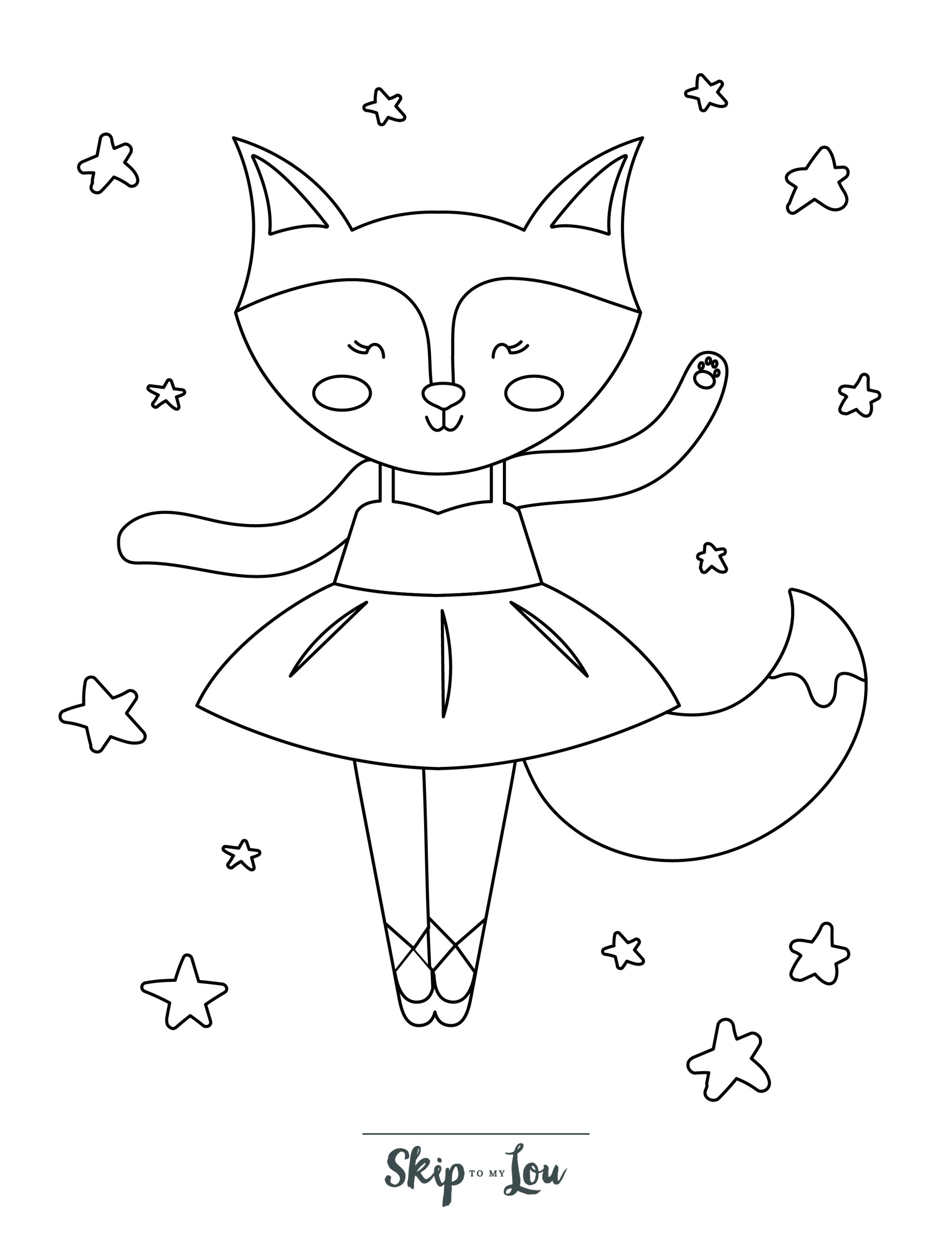 Ballerina Coloring Page 9 - Line drawing of fox ballerina