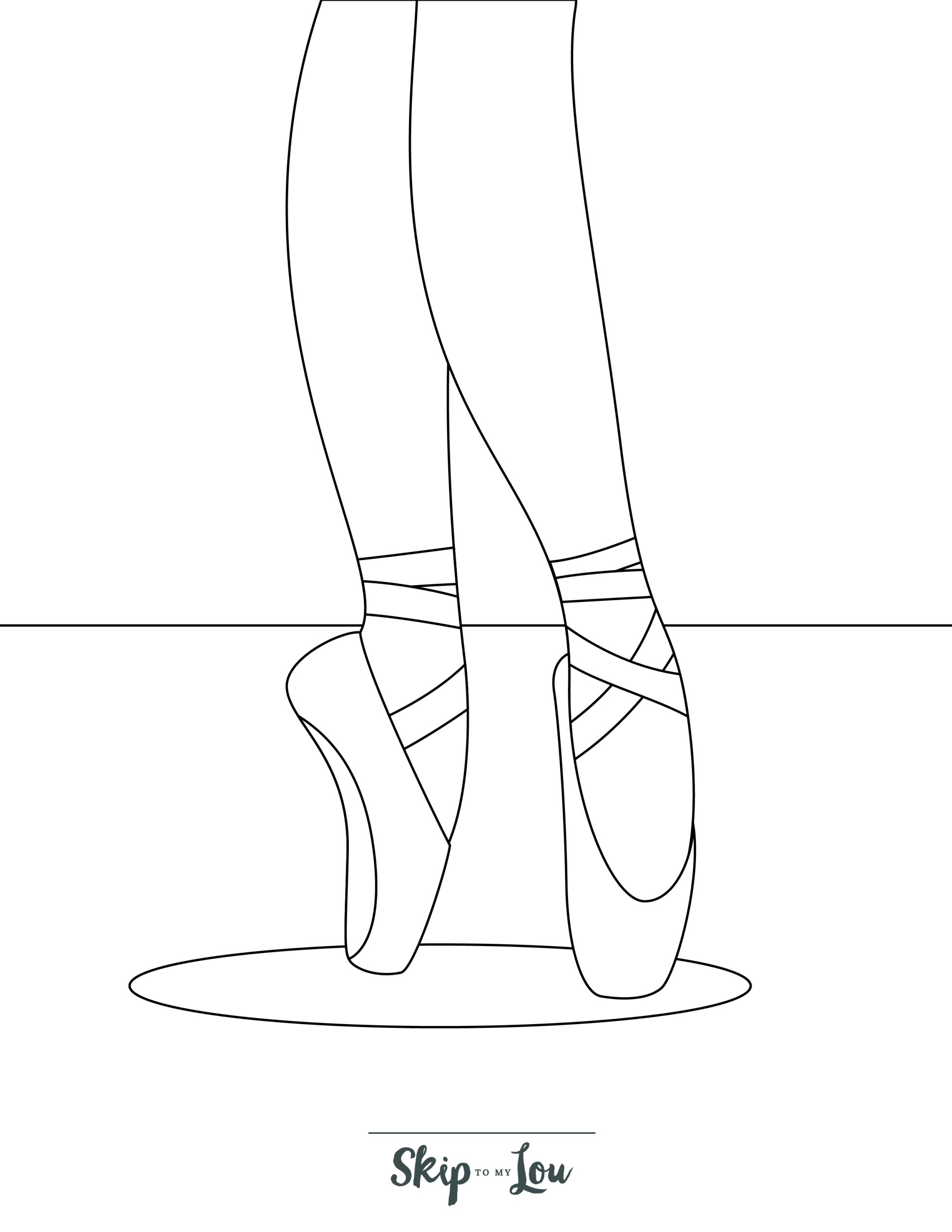Ballerina Coloring Page 10 - Line drawing of closeup of pointe shoes