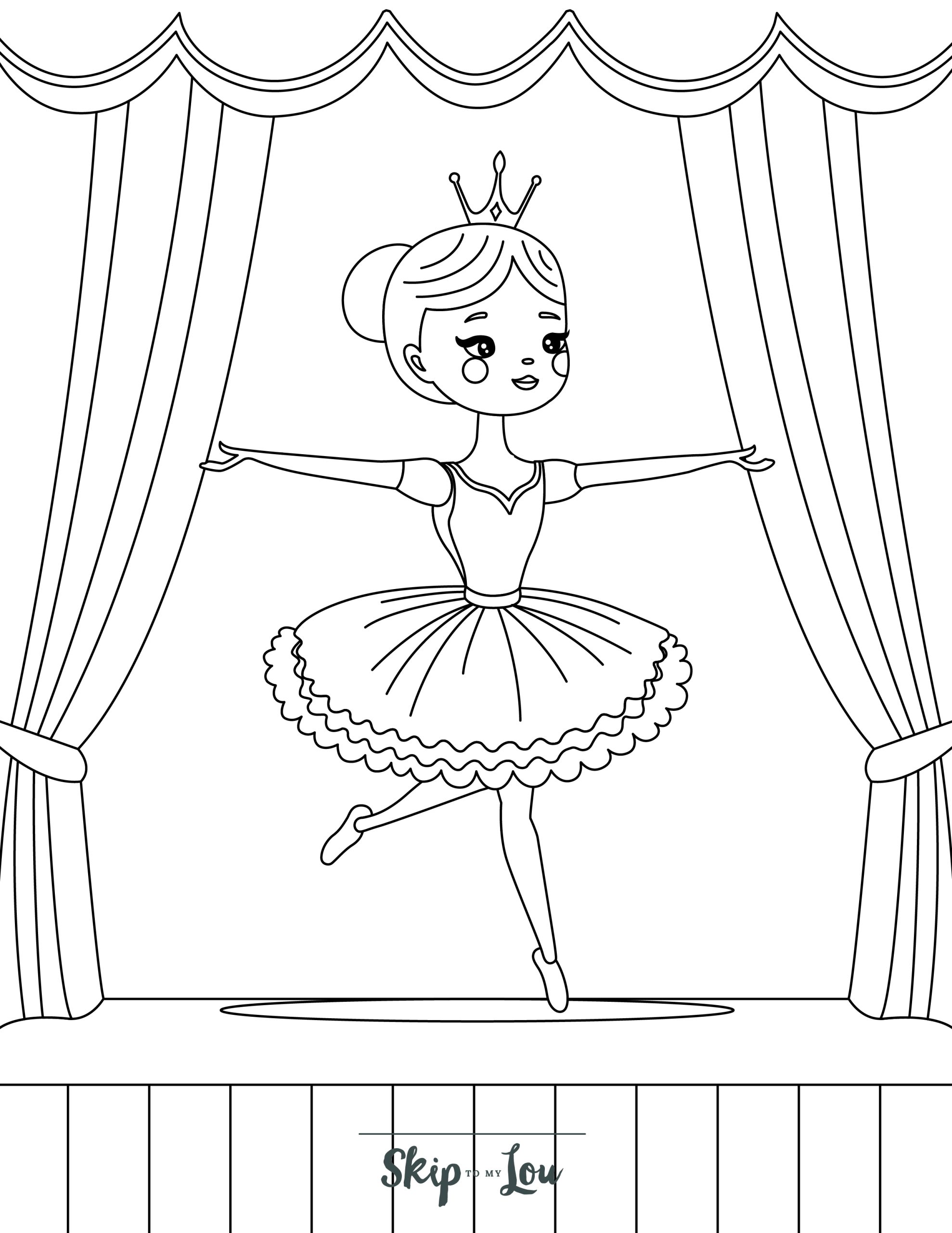 Ballerina Coloring Page 11 - Line drawing of elegant ballerina in beautiful dress