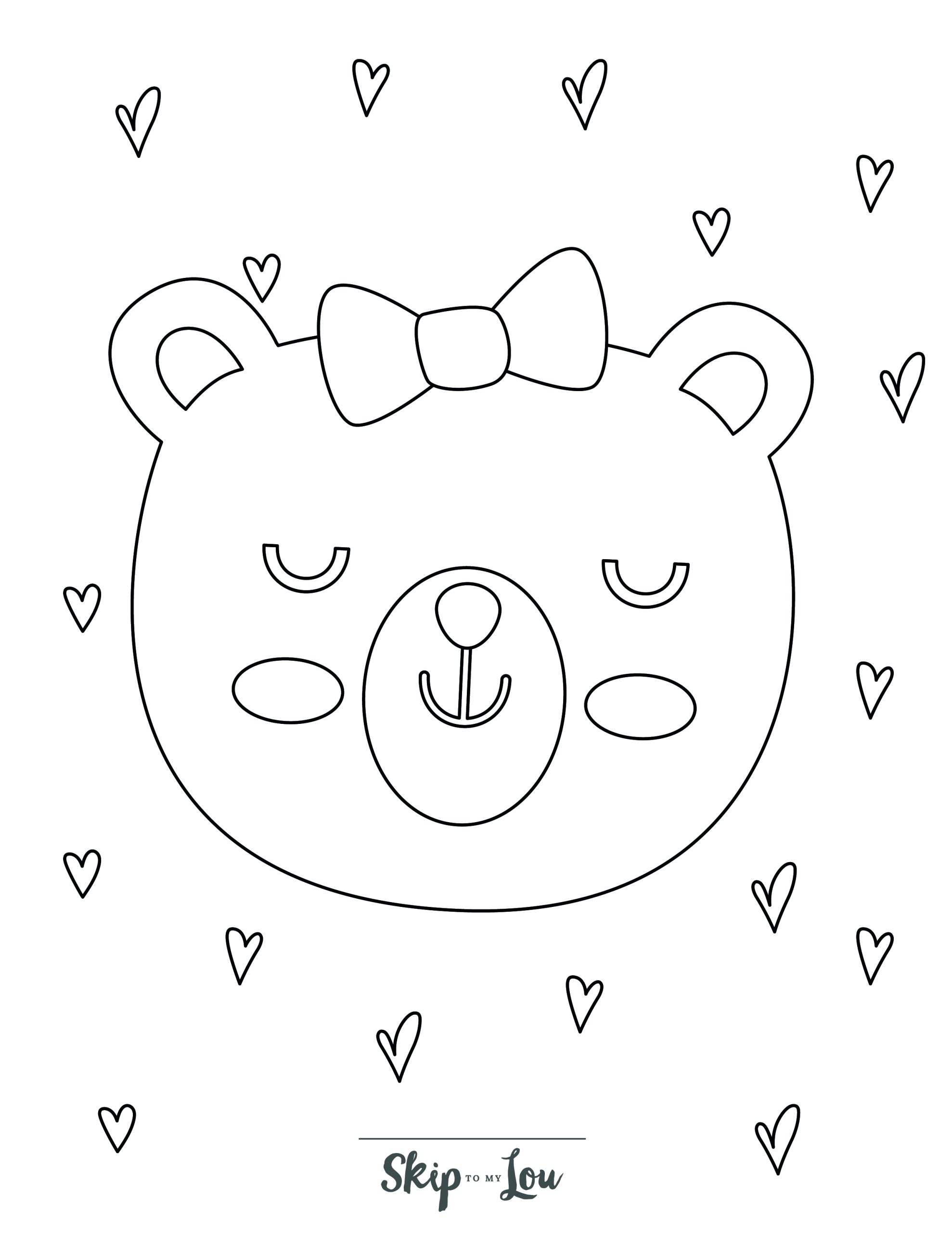 Bear Coloring Page 7 - A girl bear's face, wearing a bow and with hearts in the background