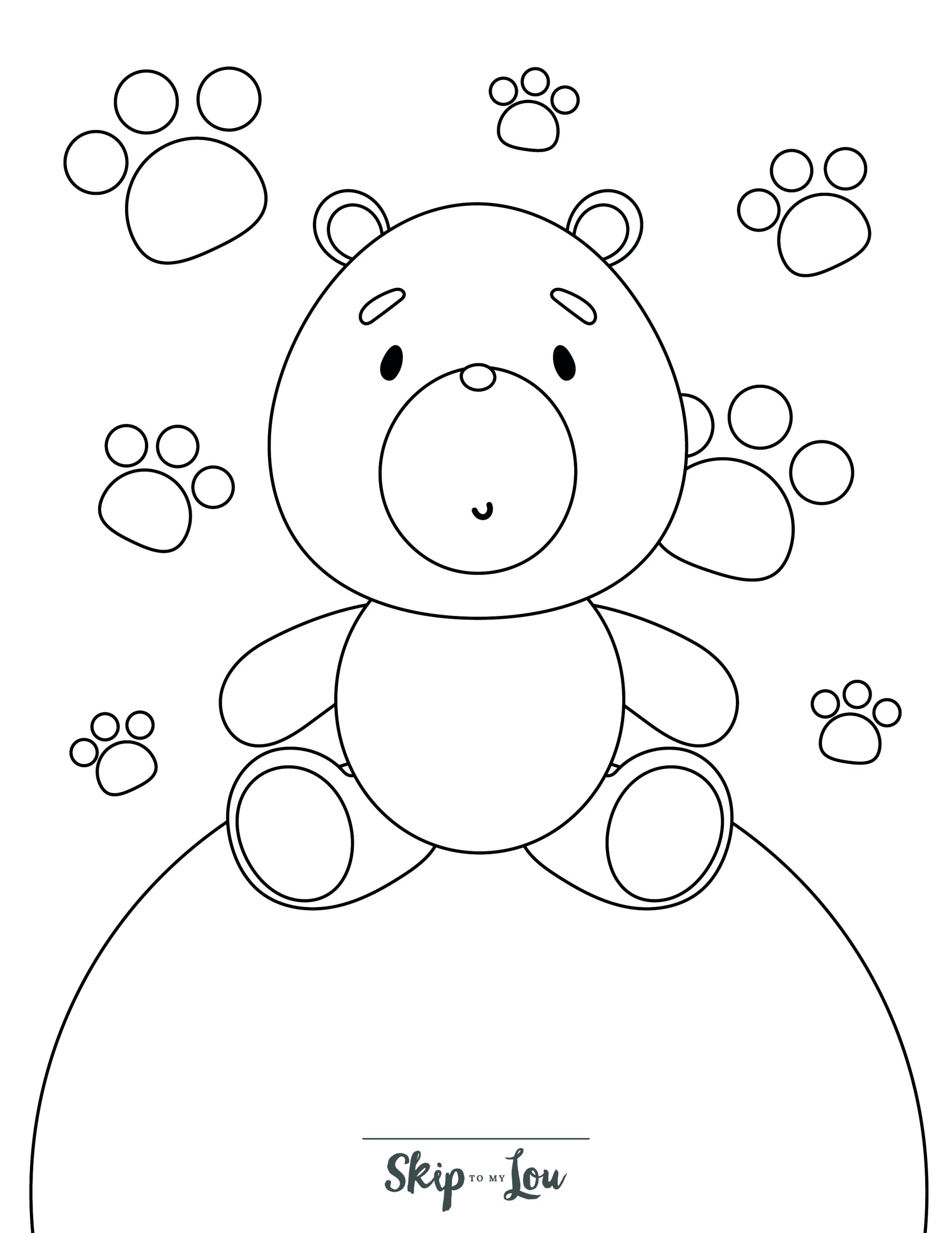 Bear Coloring Page 8 - Teddy bear sitting on a little hill, with teddy bear prints in the background