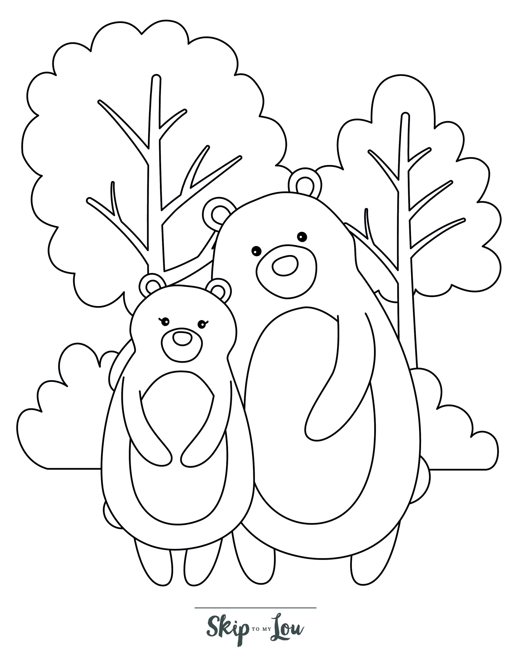 Bear Coloring Page 9 - Happy bear couple with trees and bushes in background