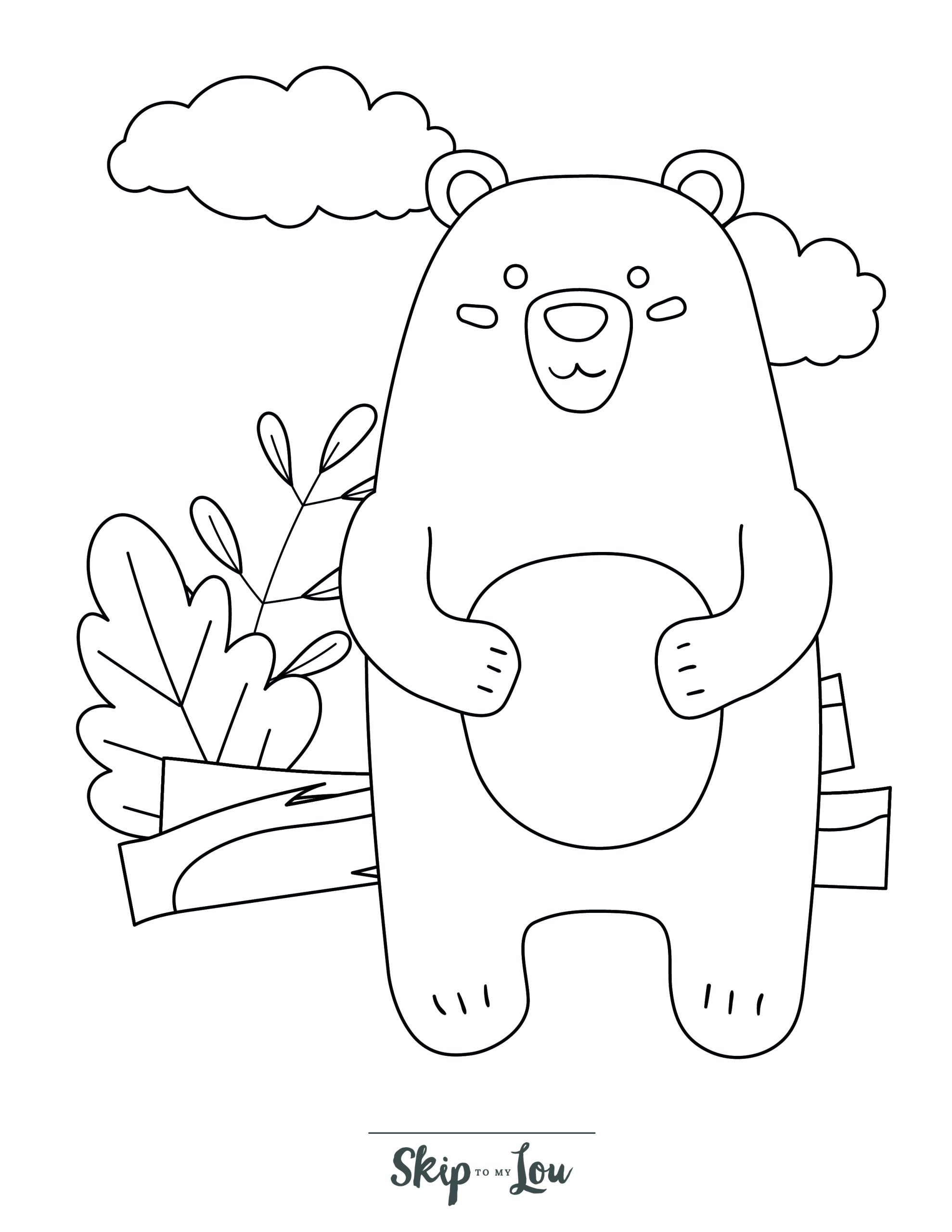 Bear Coloring Page 10 - Bear standing up with logs, leaves and clouds in the background