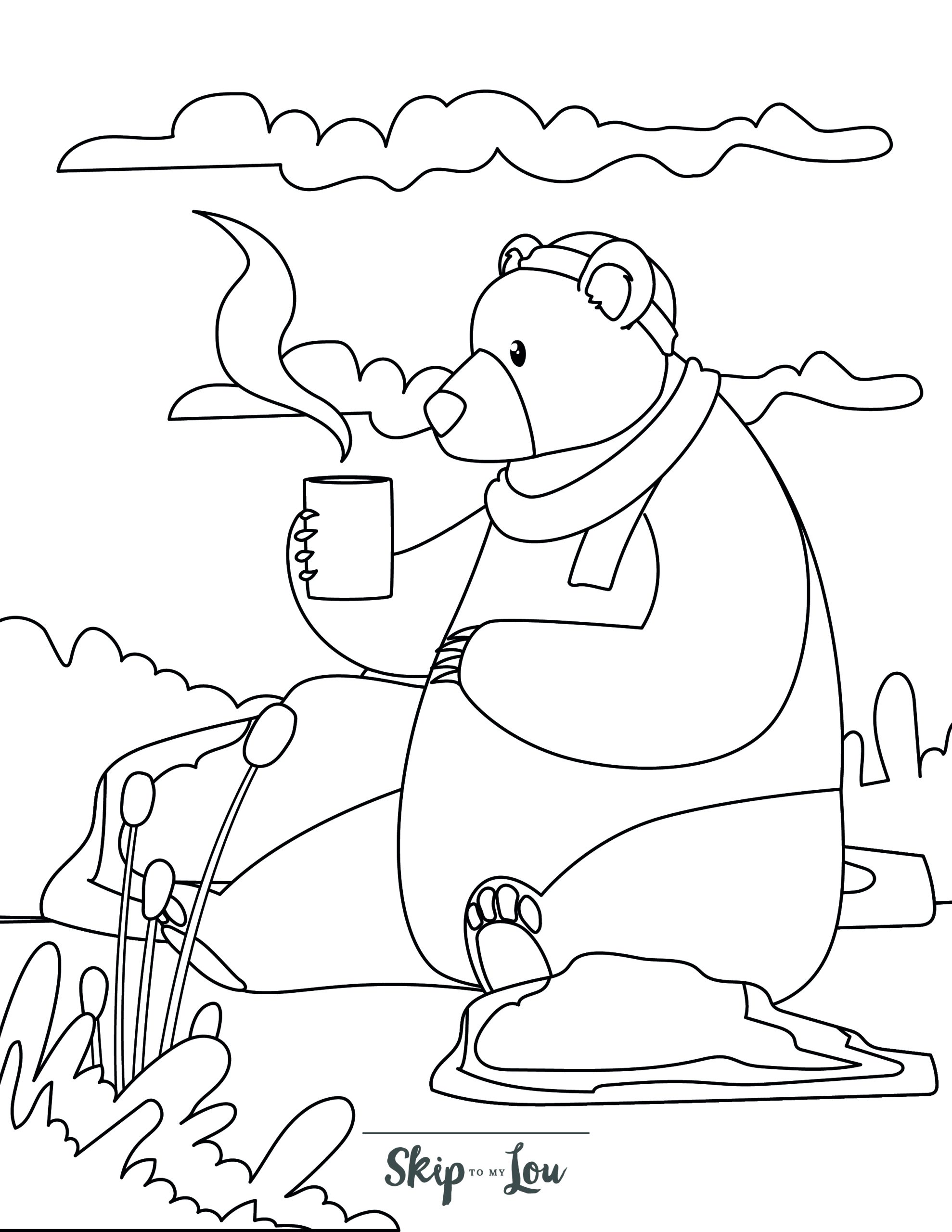 Bear Coloring Page 12 - Large bear wearing scarf and sitting in nature, with hot cup of tea.