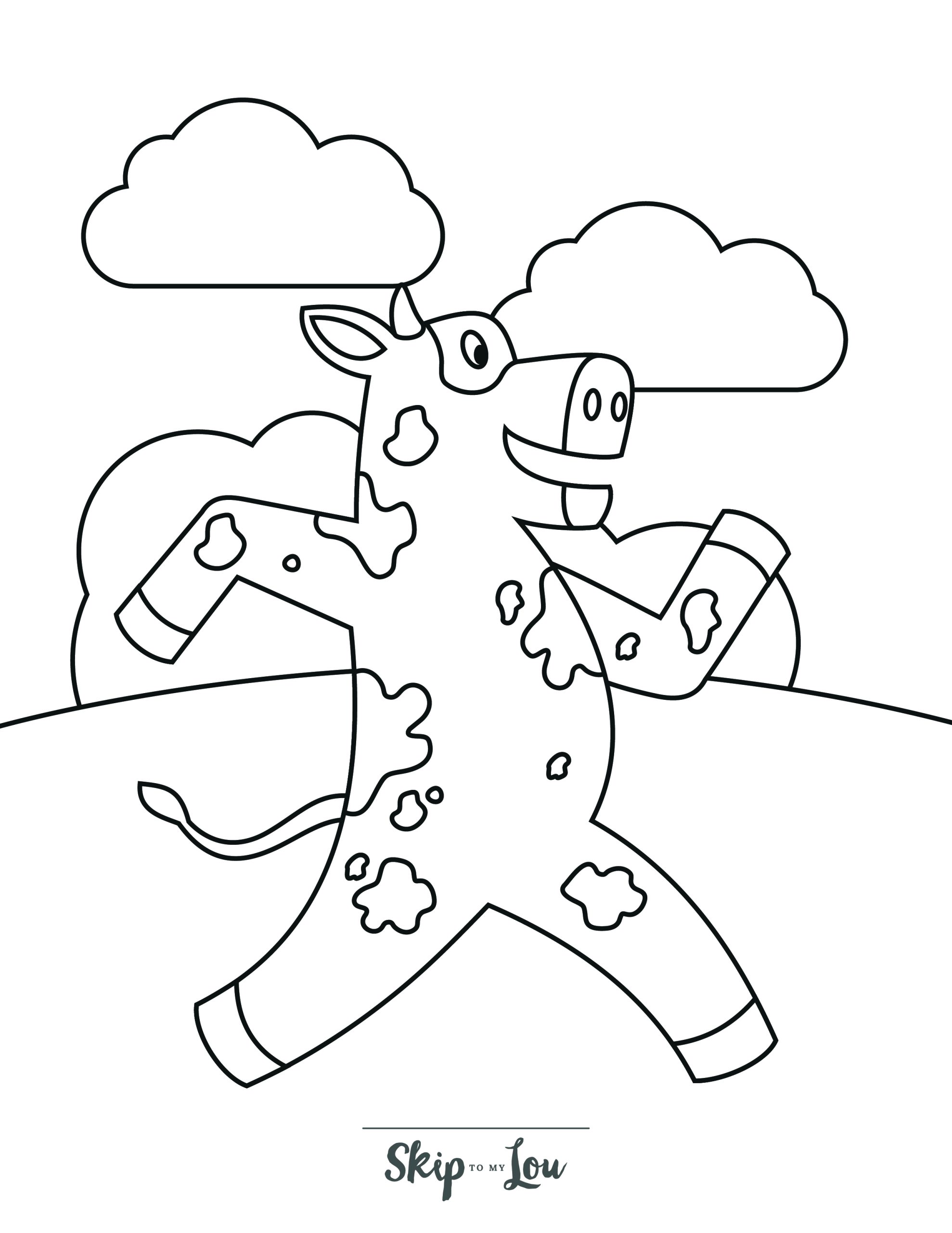 Cow Coloring Page 4 - Cartoon cow running with arms in air, clouds in the background
