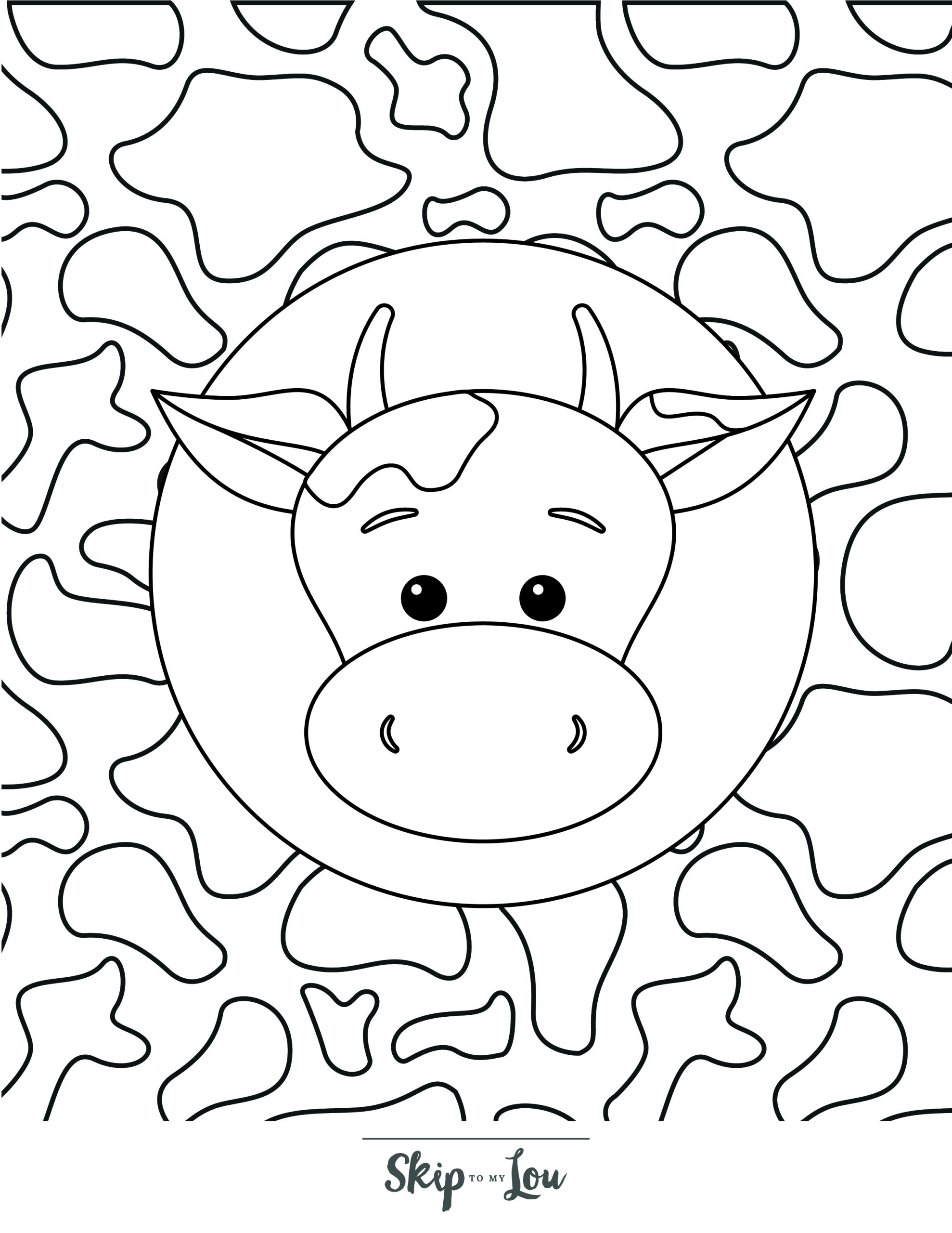 Cow Coloring Page 5 - Front view of cow face with round cow body, with cow-pattern background