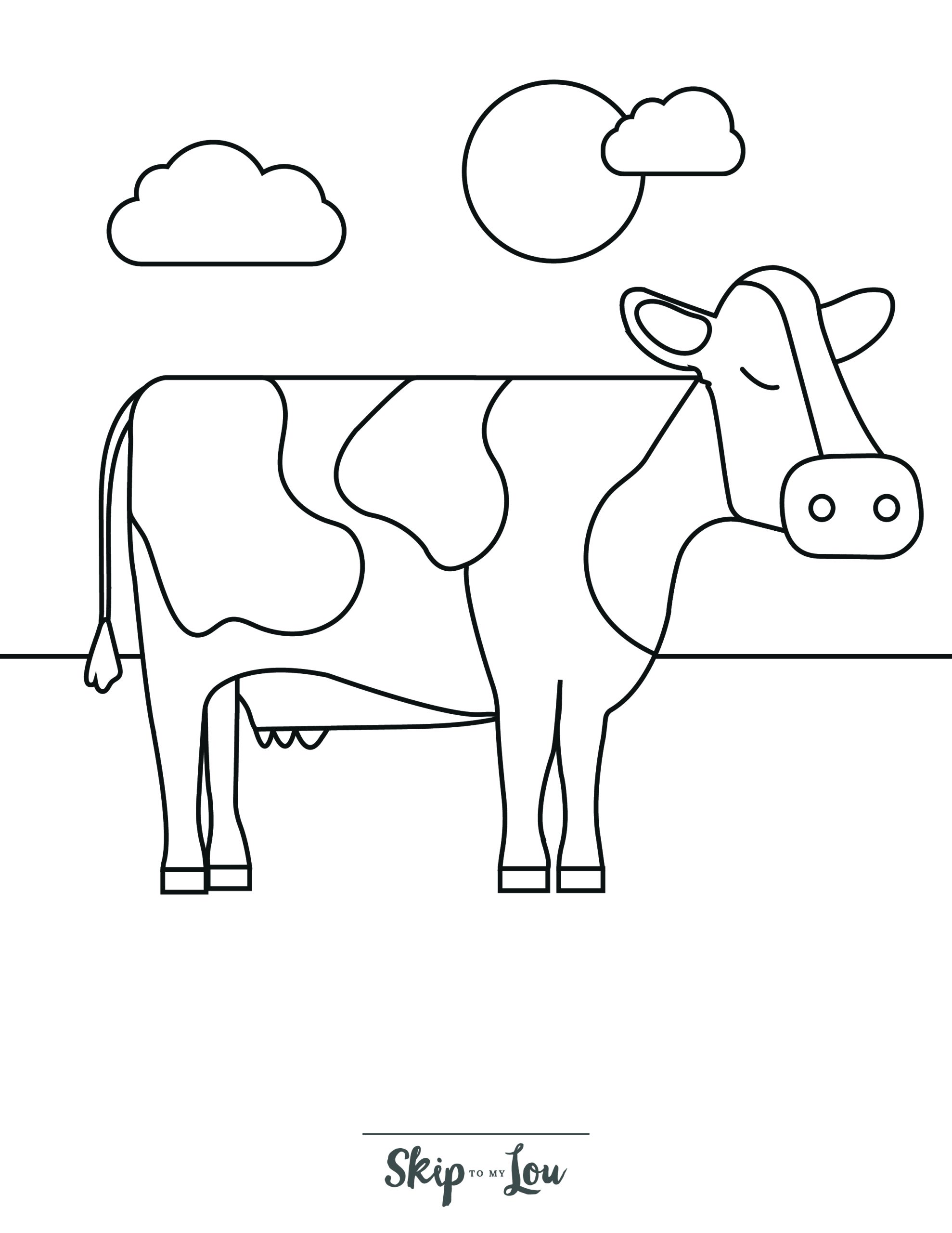Cow Coloring Page 9 - Side view of cow sleeping, with clouds and sun in background