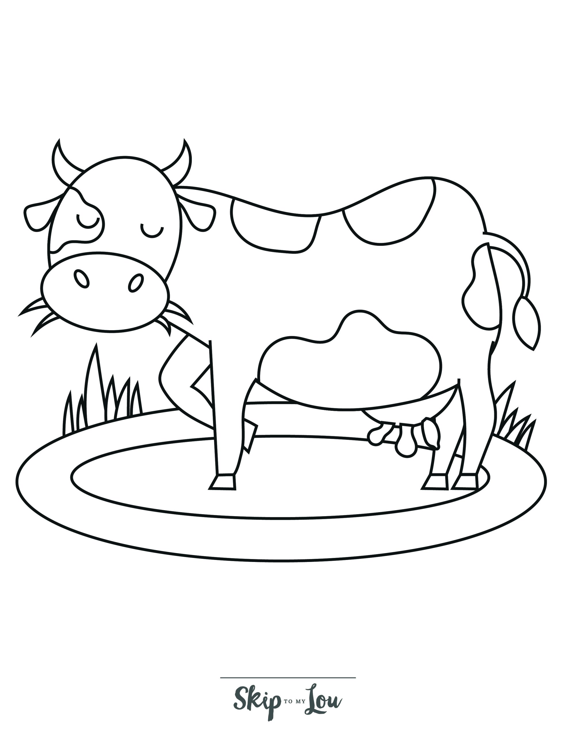Cow Coloring Page 10 - Cartoon cow eating grass and standing on platform