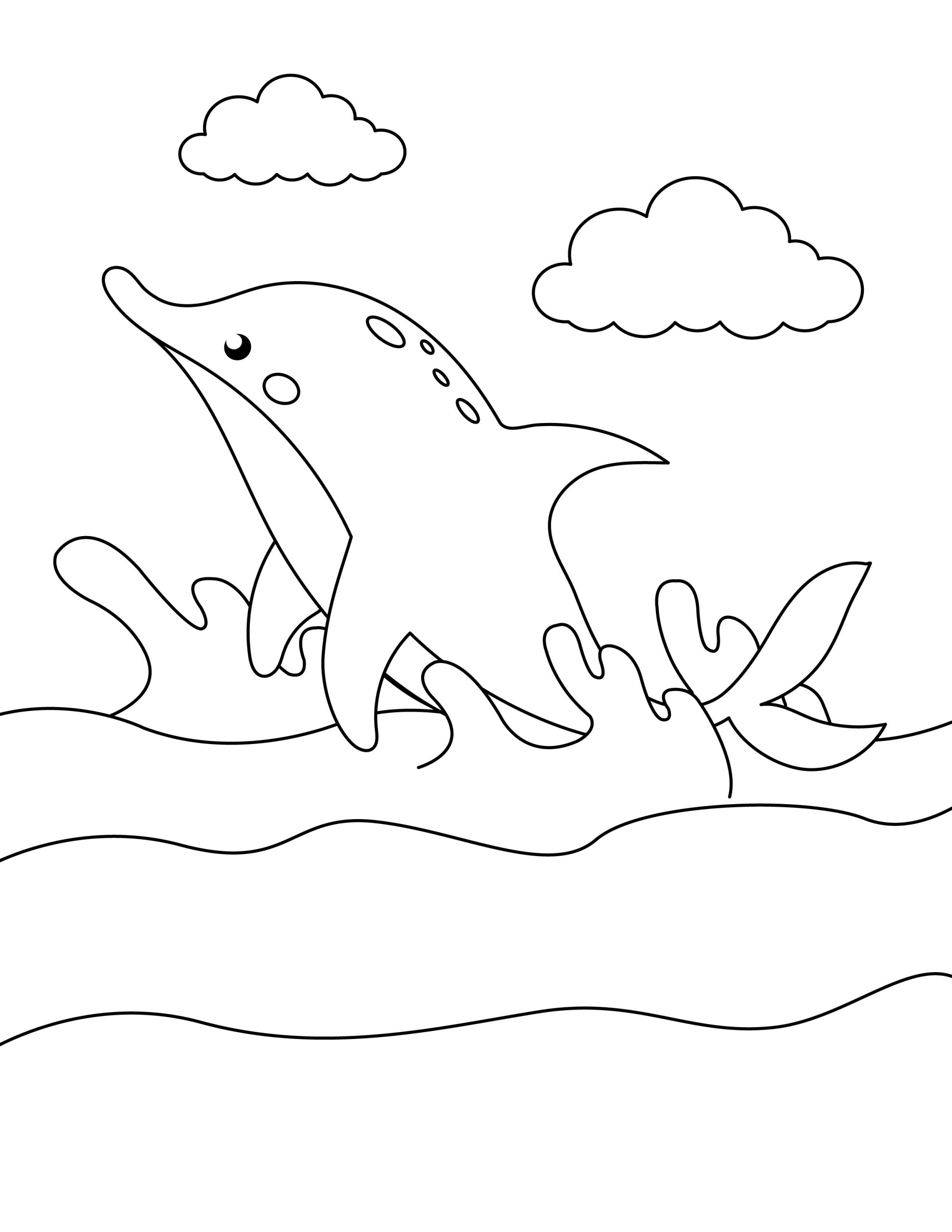 Dolphin Coloring Page 4 - Dolphin emerging from ocean with a splash. Clouds in background