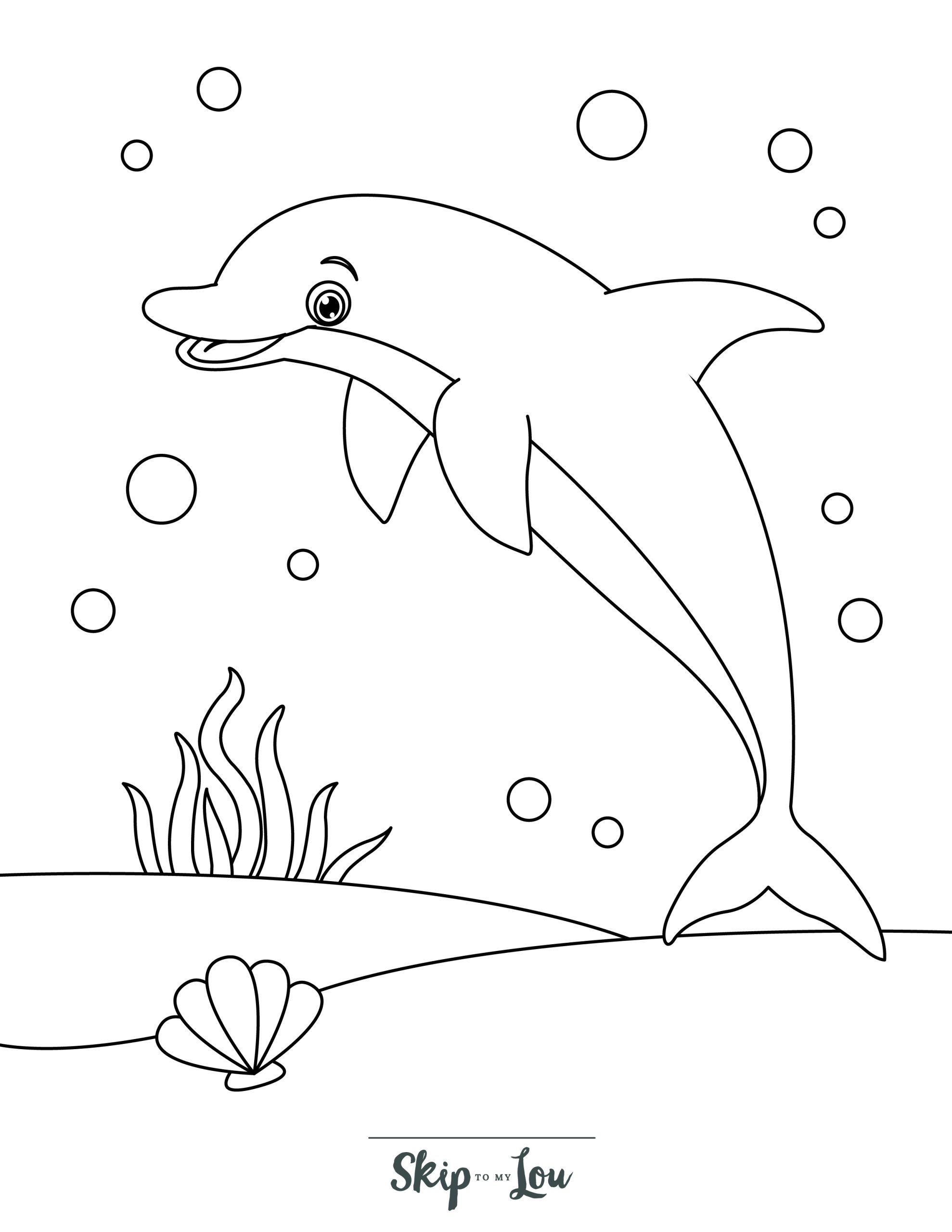 Dolphin Coloring Page 6 - Dolphin on ocean floor, seaweed and bubbles in background.