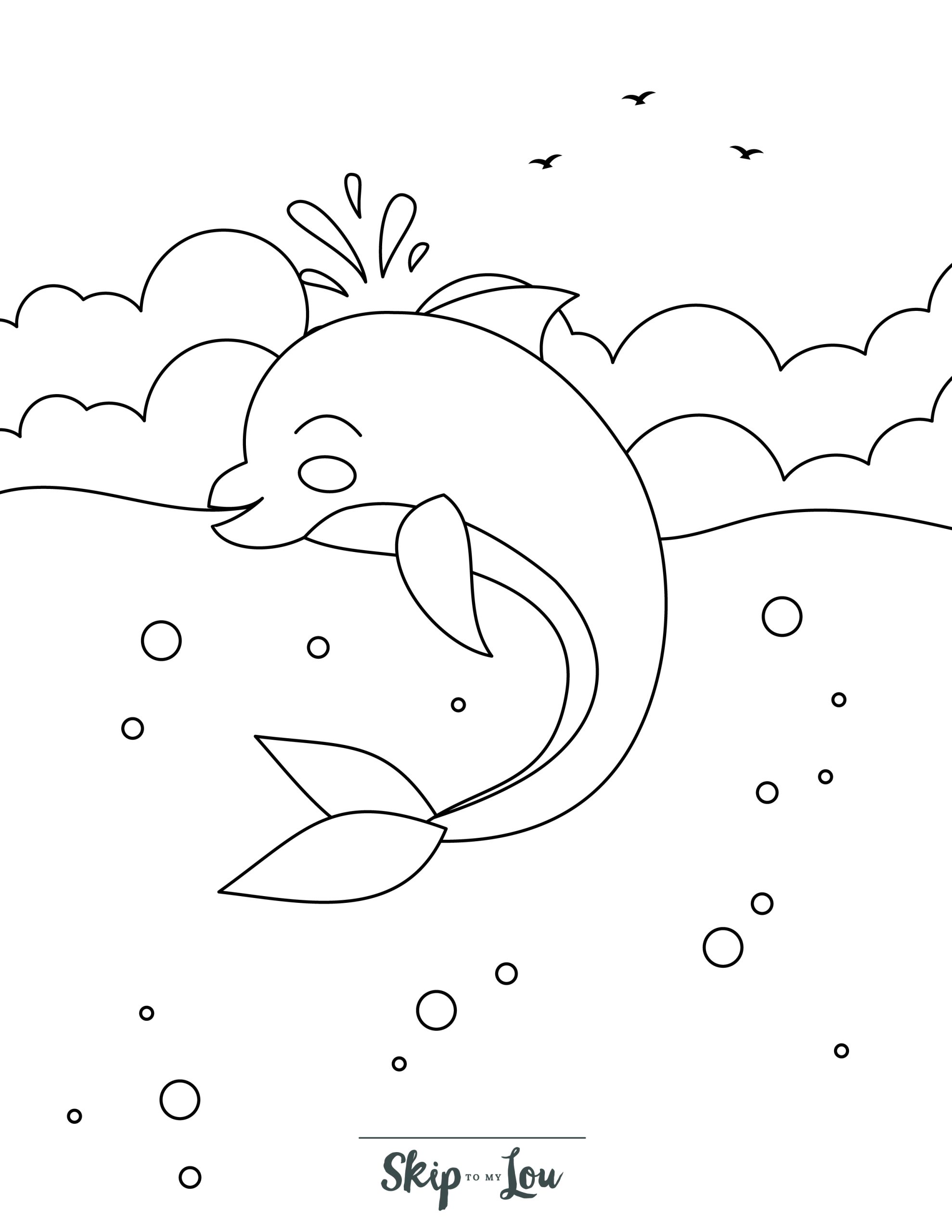Dolphin Coloring Page 7 - Jumping dolphin with clouds, bubbles, and birds in the background