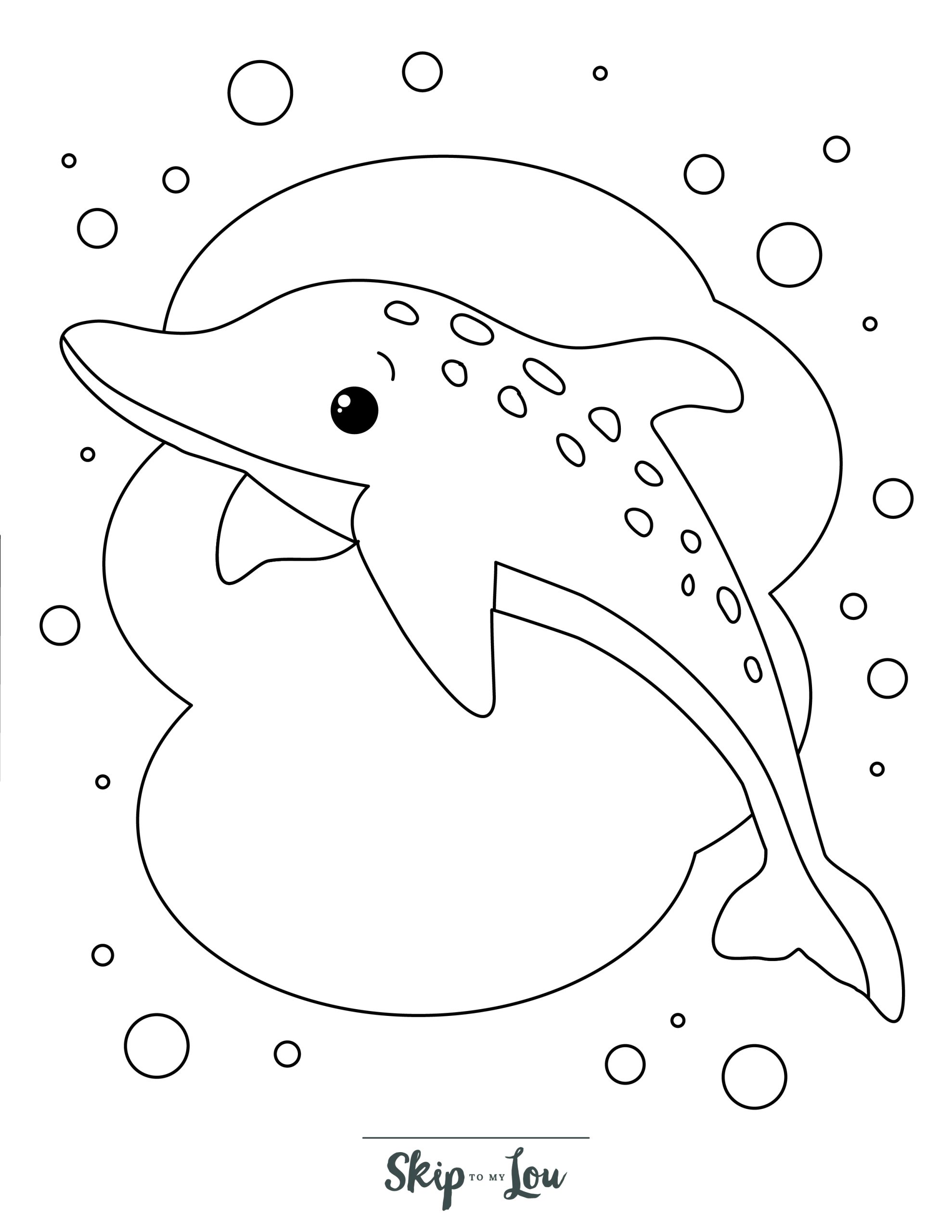 Dolphin Coloring Page 8 - Dolphin with patterned back, with bubbles in background