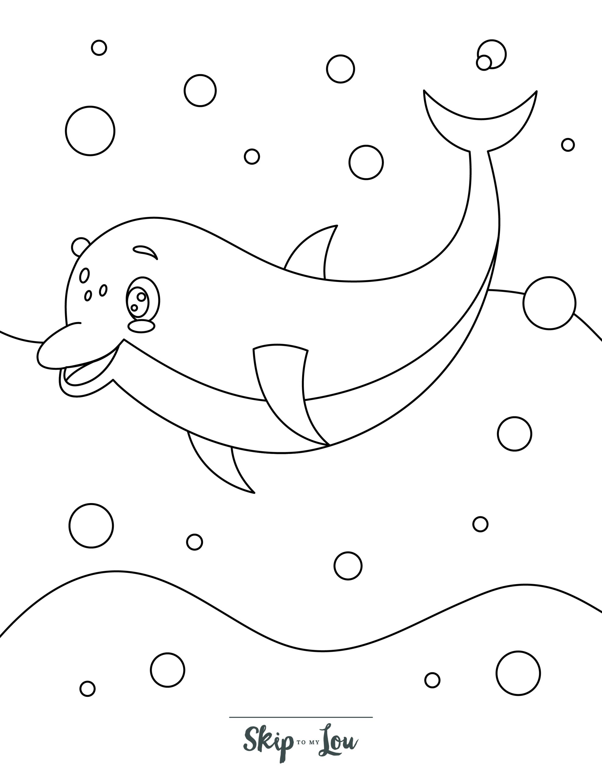 Dolphin Coloring Page 9 - Underwater dolphin surrounded by bubbles
