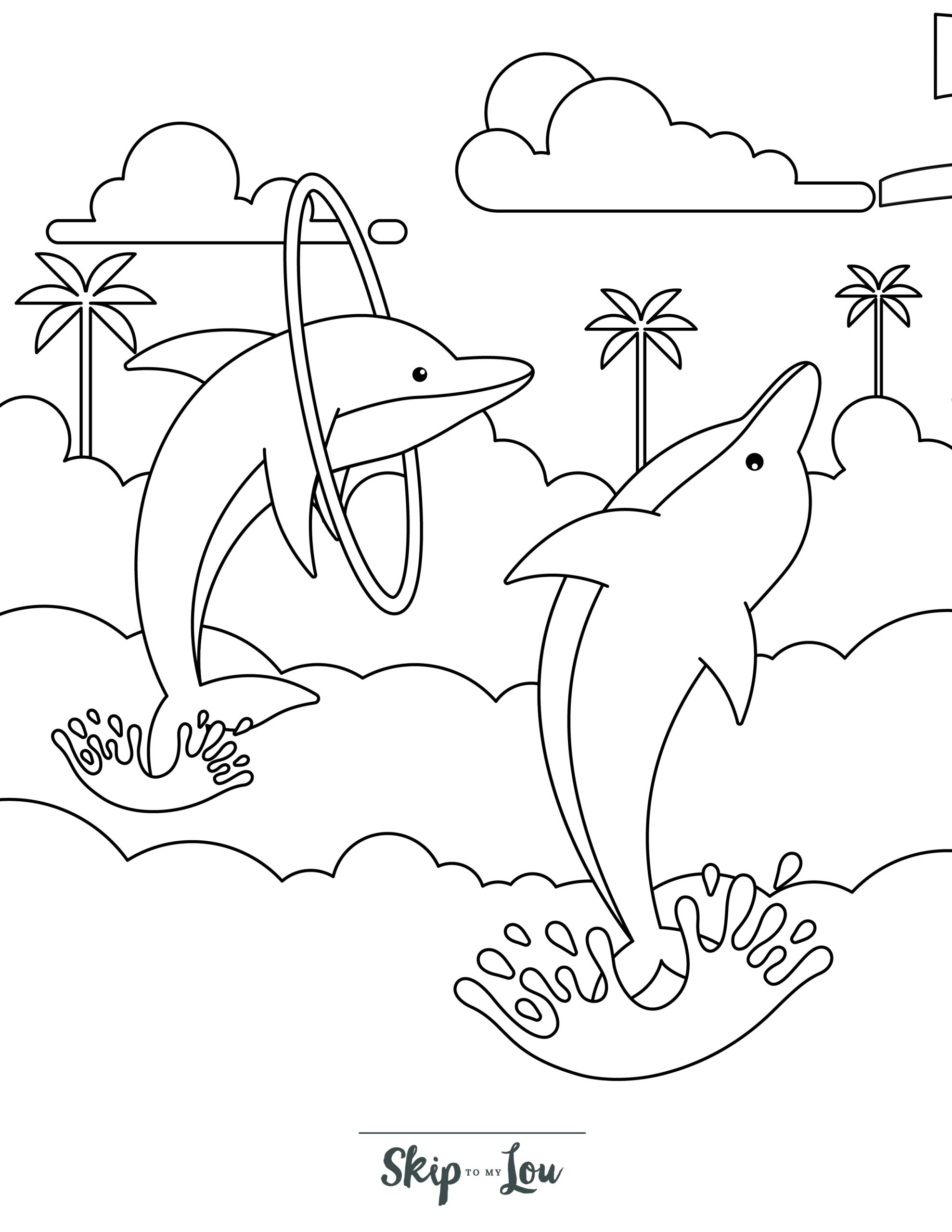 Dolphin Coloring Page 11 - Two dolphins jumping put of the water, one with a hula hoop. Palm trees and clouds in the background