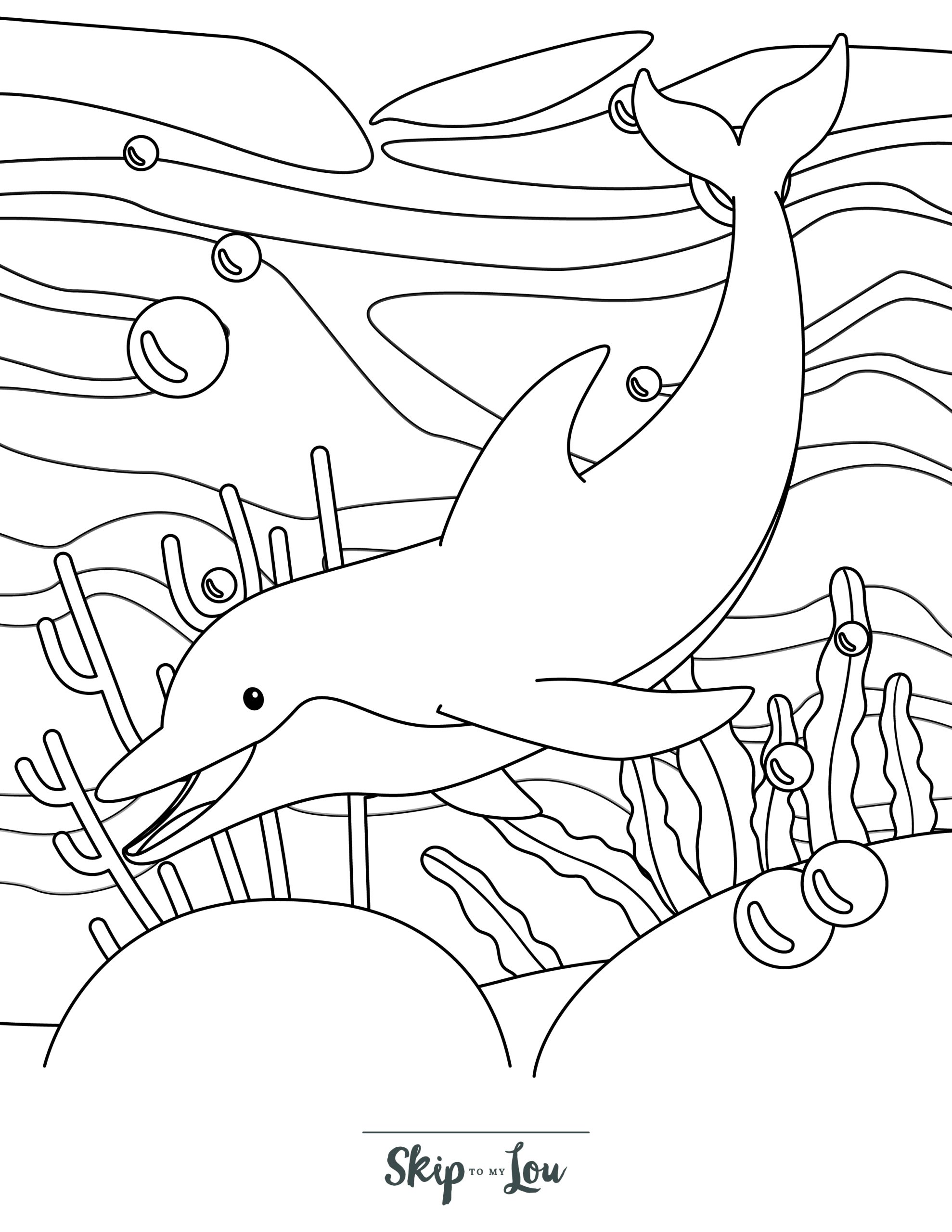 Dolphin Coloring Page 12 - Realistic looking dolphin deep underwater, with seaweed, bubbles, and the ocean current in the background