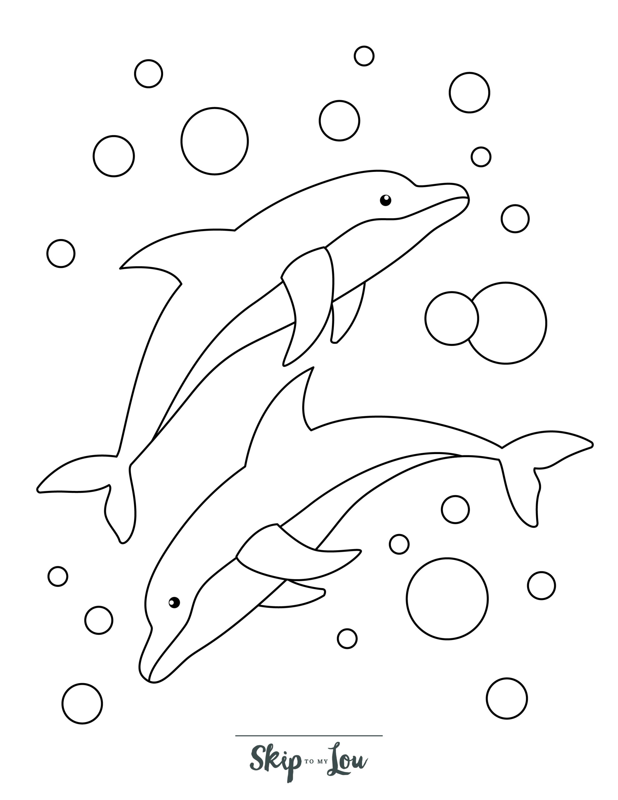 Dolphin Coloring Page 1 - A pair of dolphins surrounded by bubbles
