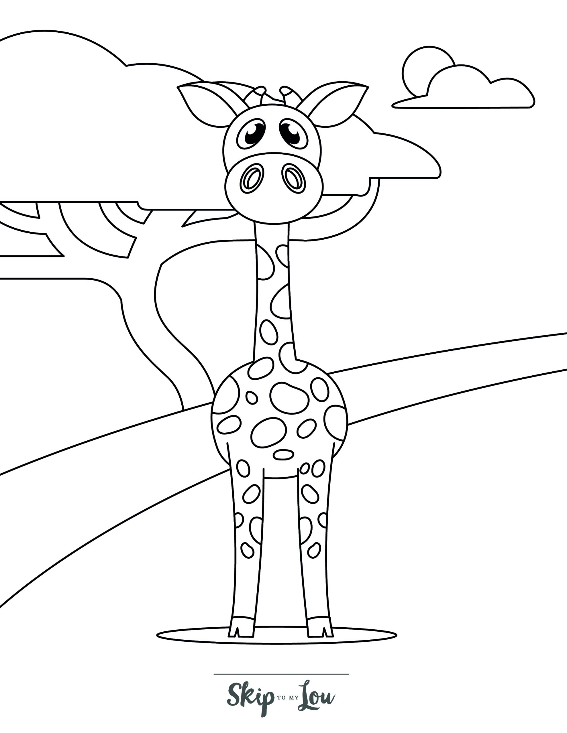 Giraffe Coloring Page 3 - Giraffe with tree in background