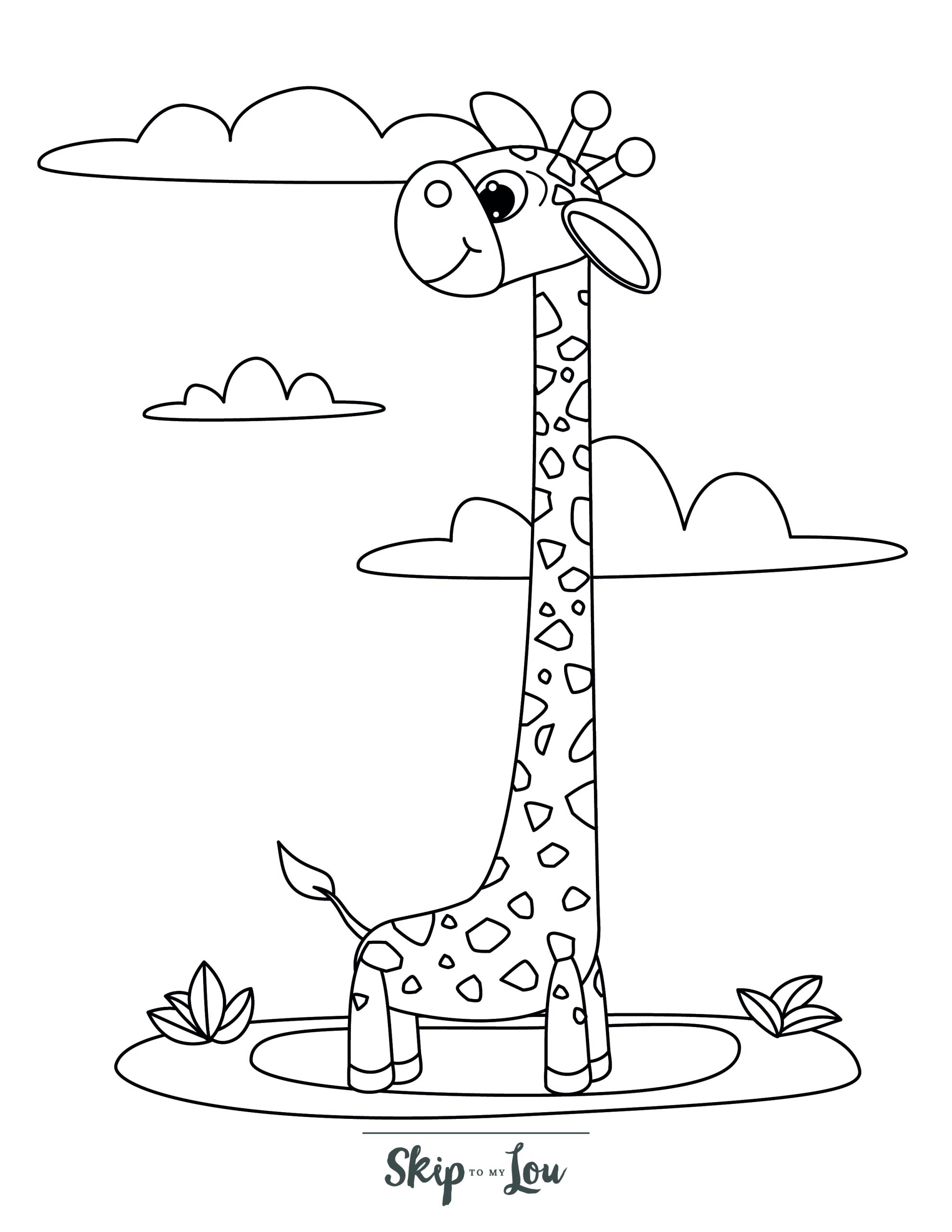 Giraffe Coloring Page 4 - Giraffe with very long neck, with clouds in background