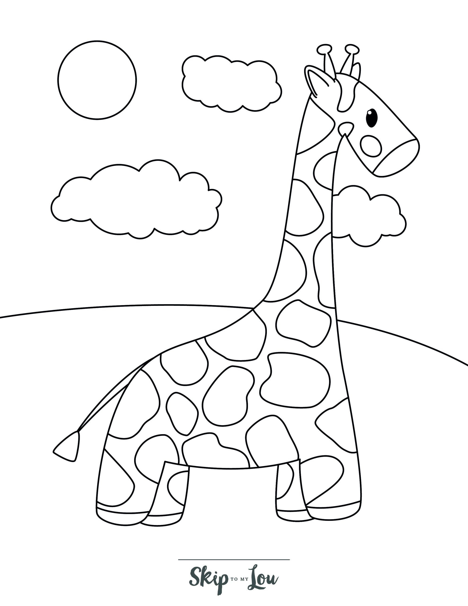 Giraffe Coloring Page 5 - Giraffe with short legs and clouds in background