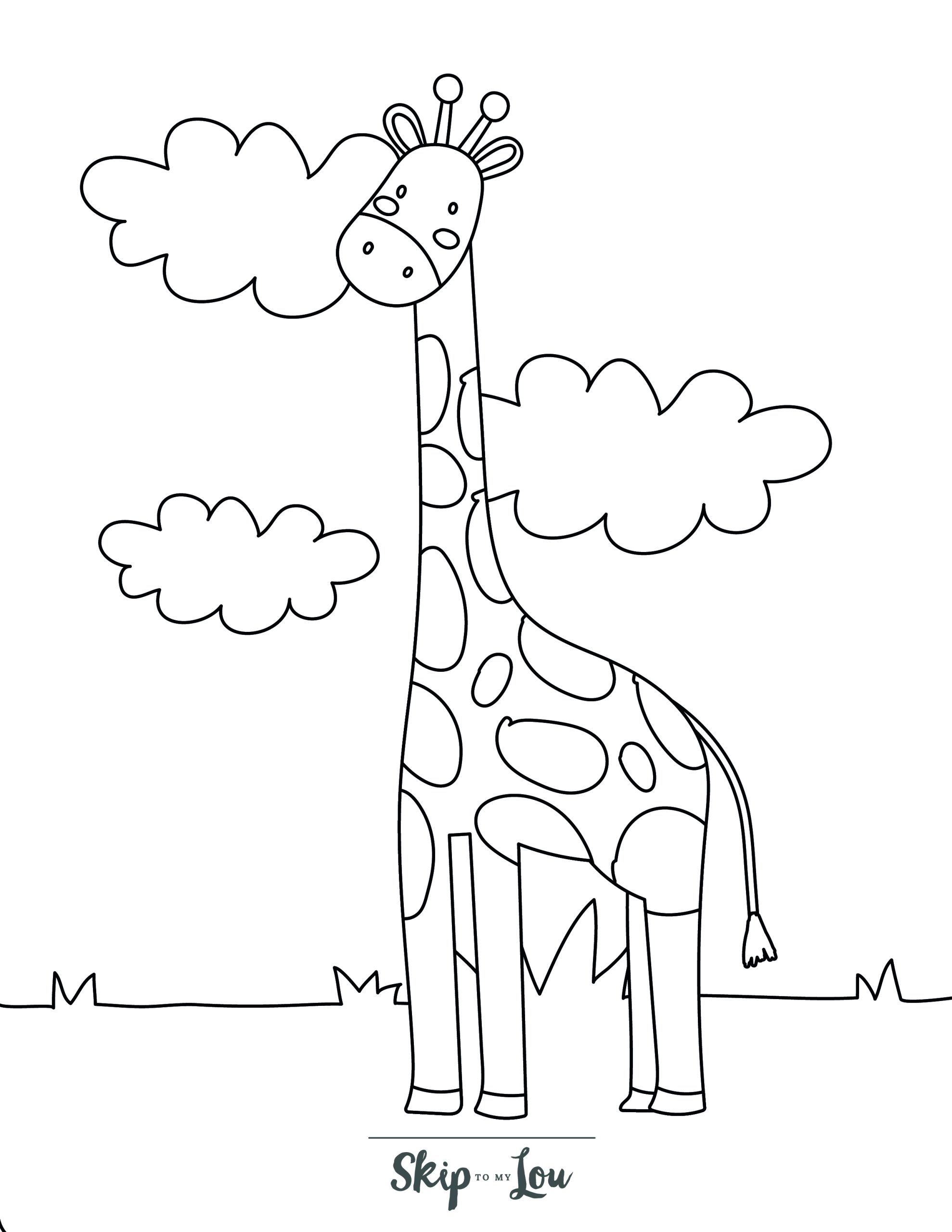 Giraffe Coloring Page 6 - Giraffe standing on grass with clouds in background