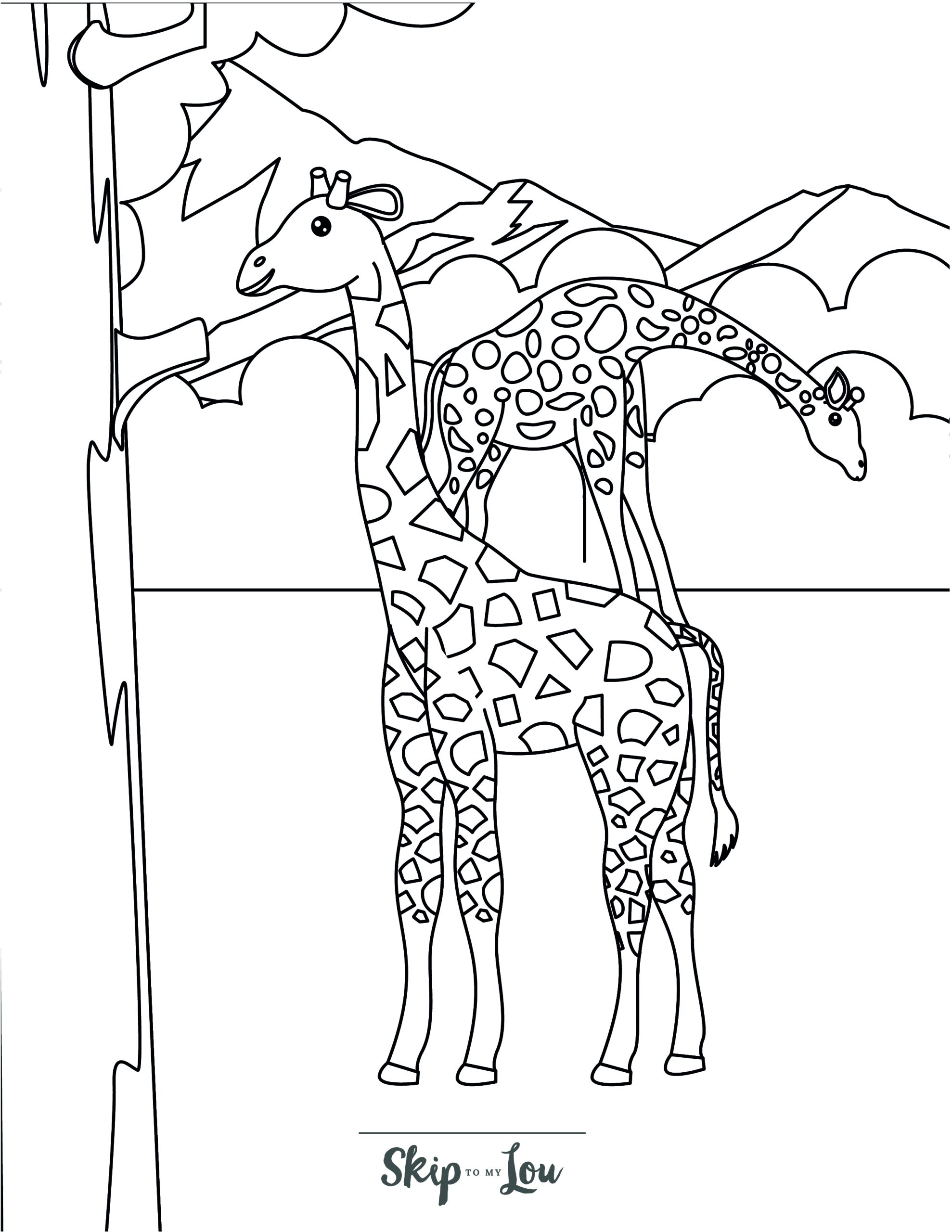 Giraffe Coloring Page 11 - Two realistic giraffes with mountains in background