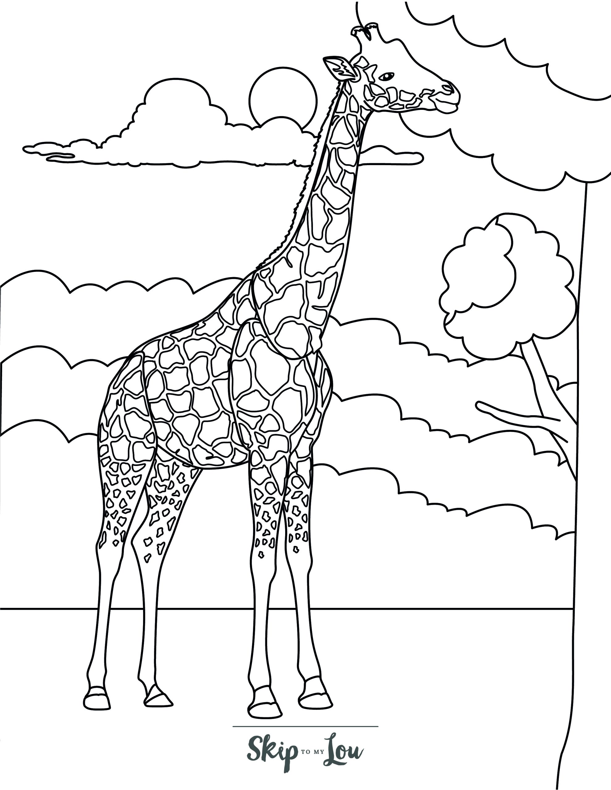 Giraffe Coloring Page 12 - Realistic giraffe scene with tree and clouds in the background